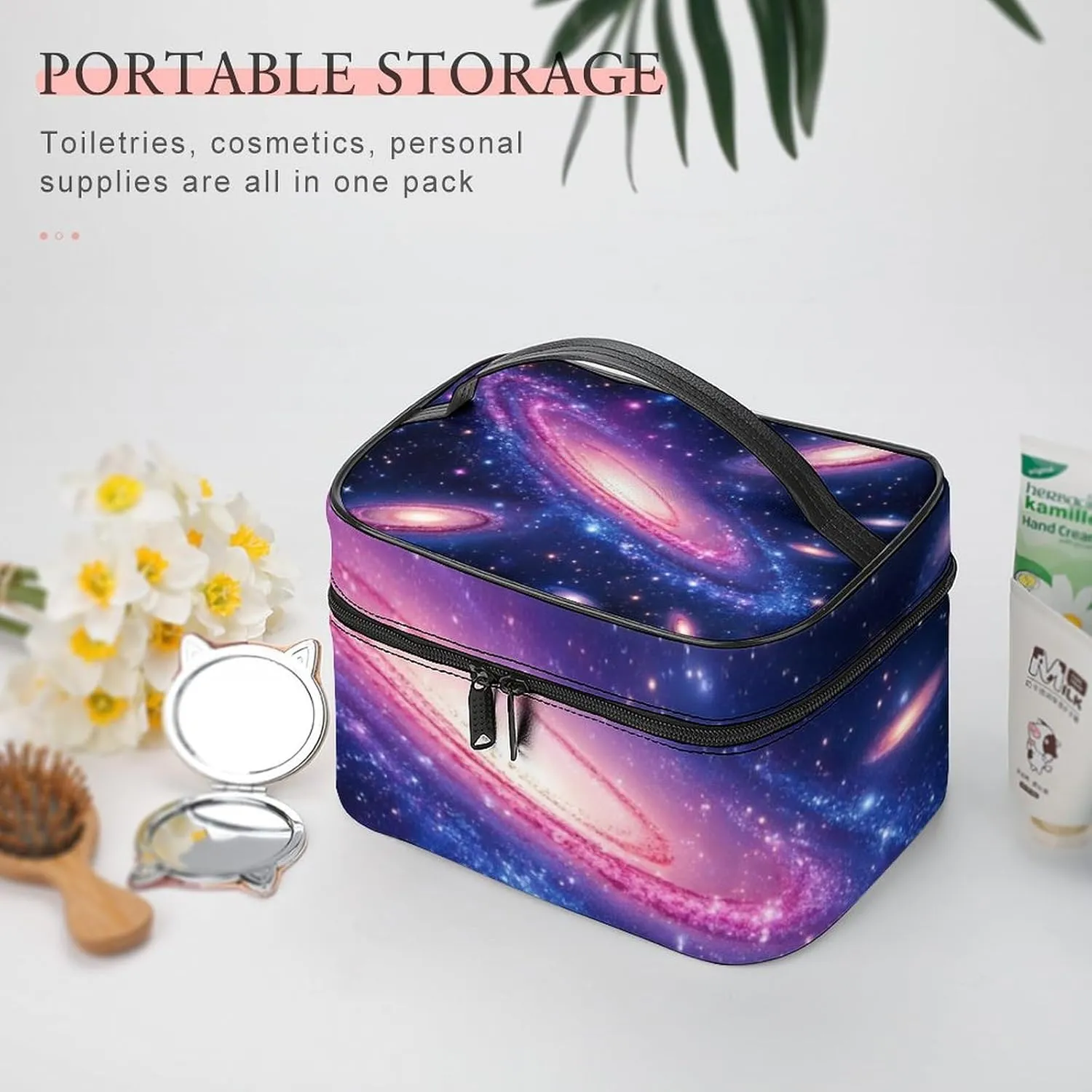 Travel Cosmetic Cases for Women, Multifunctional Makeup Organizer Bag, Space Galaxy Constellation Zodiac Star Purple Blue Toiletry Storage Bag with Handle and Divider