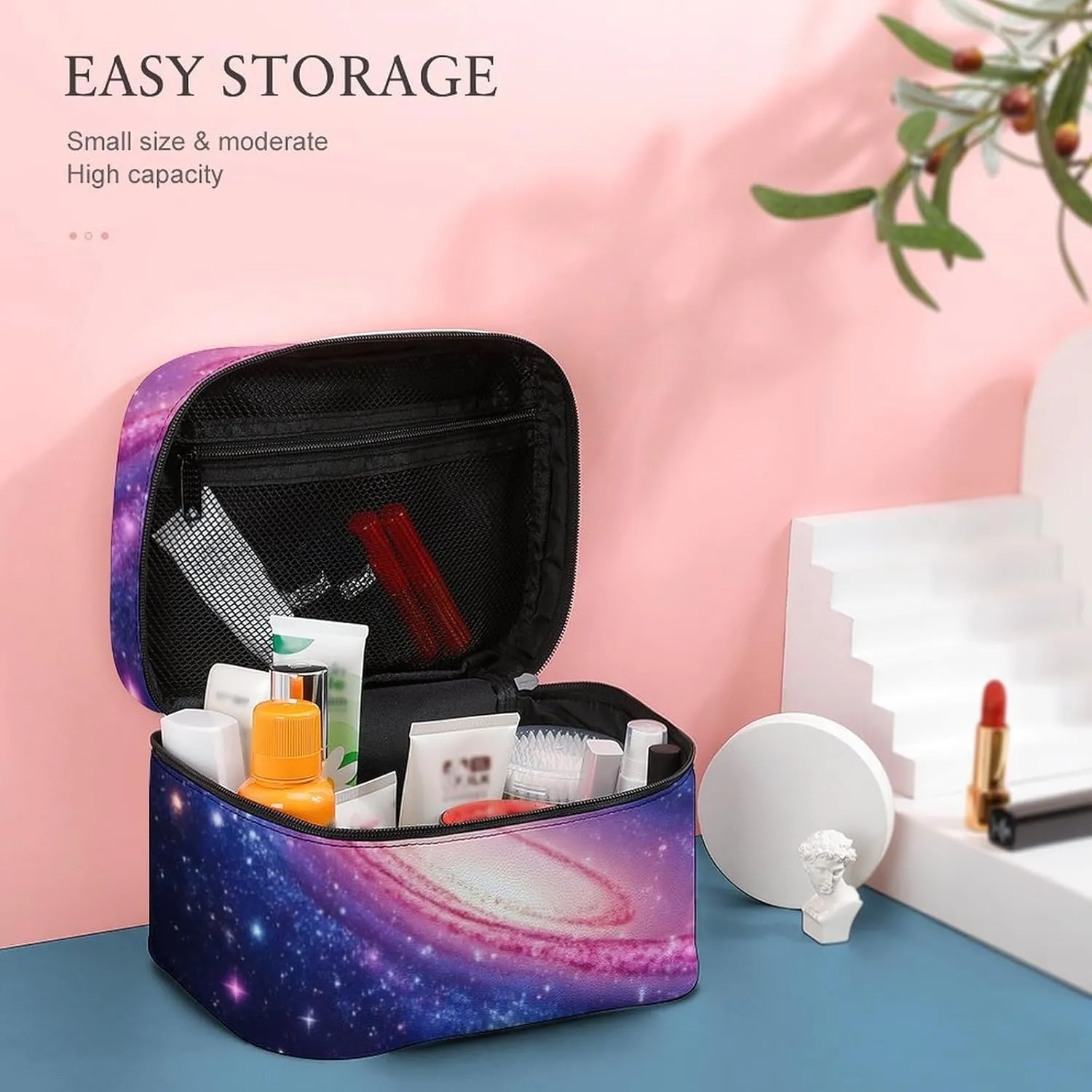 Travel Cosmetic Cases for Women, Multifunctional Makeup Organizer Bag, Space Galaxy Constellation Zodiac Star Purple Blue Toiletry Storage Bag with Handle and Divider
