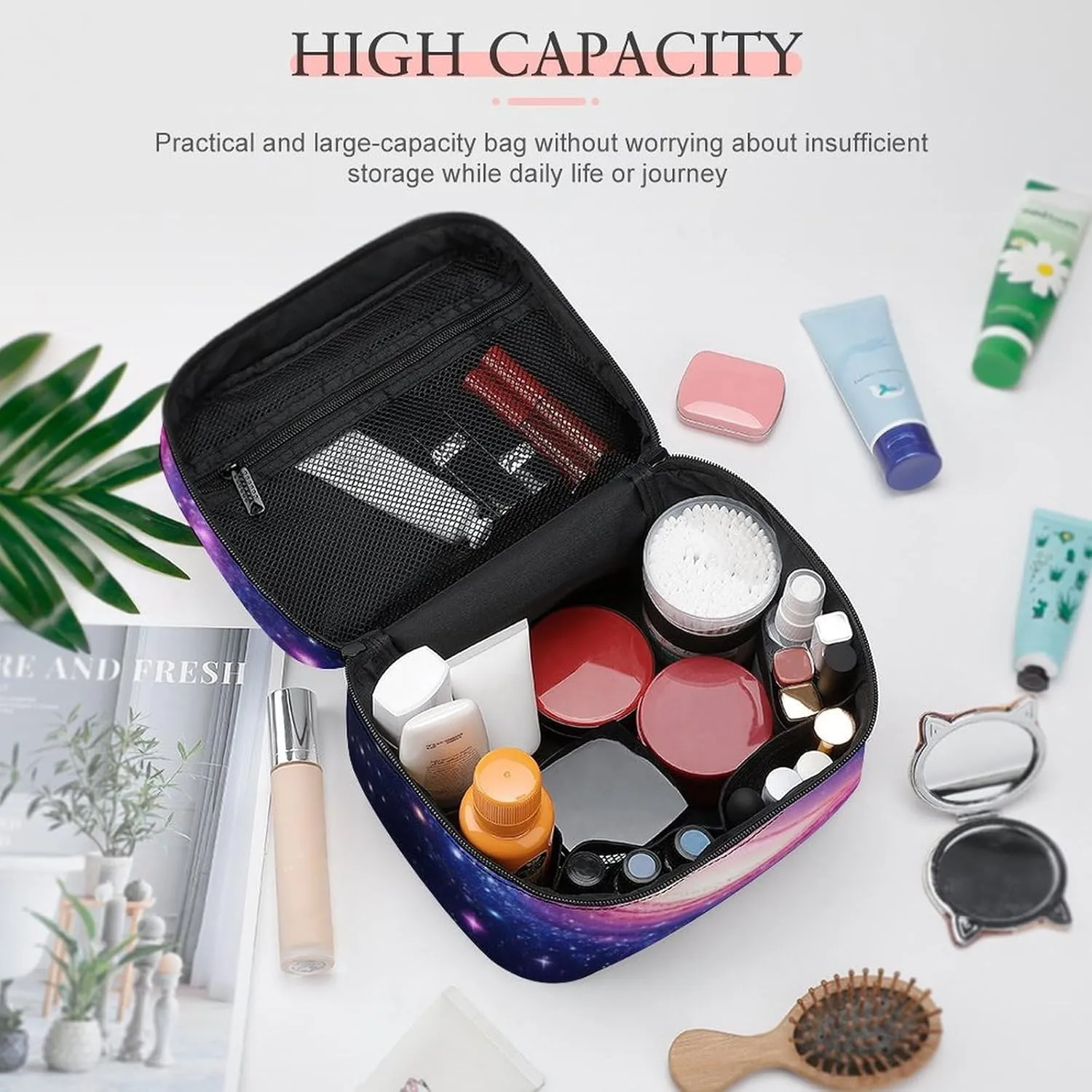 Travel Cosmetic Cases for Women, Multifunctional Makeup Organizer Bag, Space Galaxy Constellation Zodiac Star Purple Blue Toiletry Storage Bag with Handle and Divider