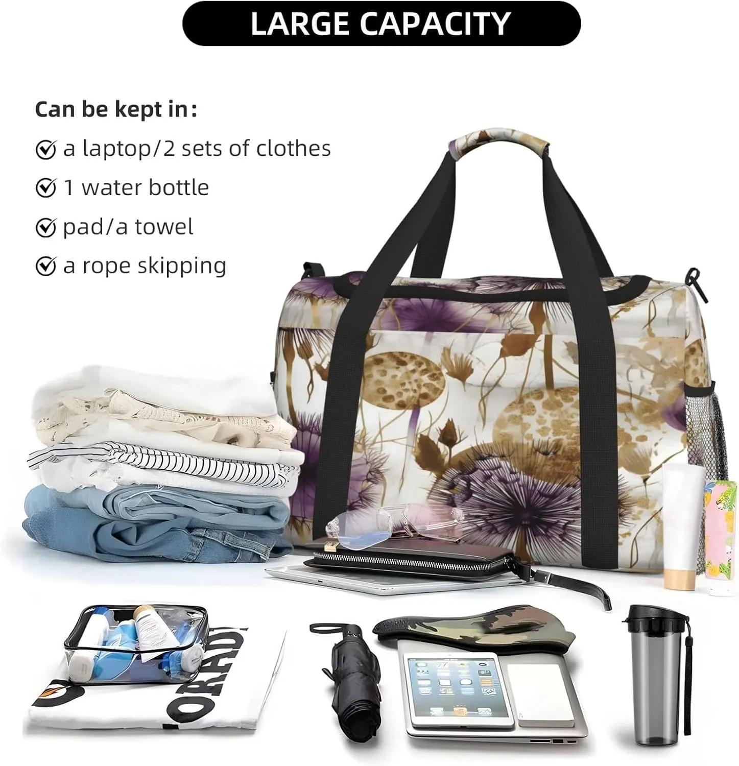 Travel Duffel Bag For Men Women, Purple Dandelion Abstract Art Carry On Sport Gym Bag With Shoulder Strap Lightweight Waterproof Weekender Bag Overnight Bag