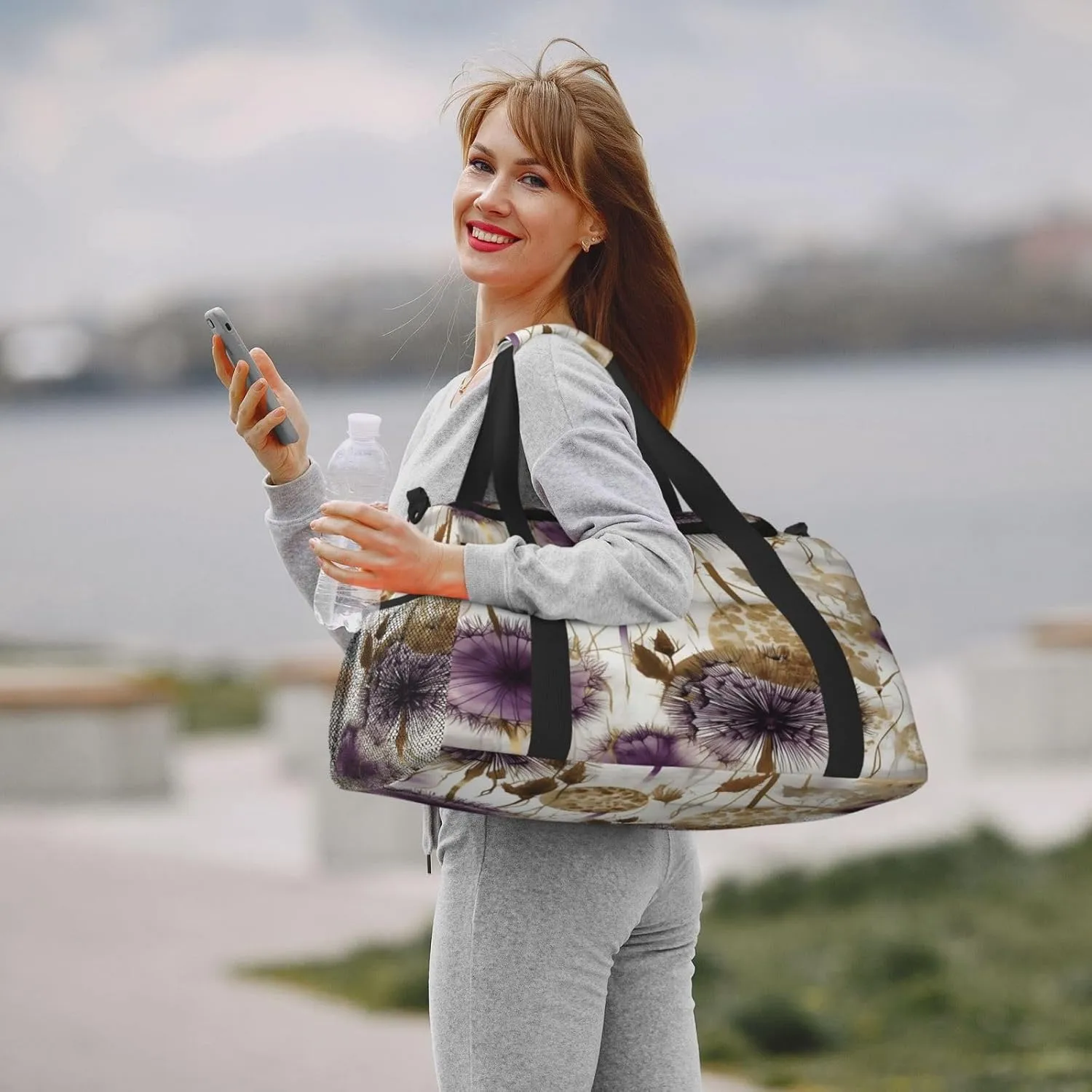 Travel Duffel Bag For Men Women, Purple Dandelion Abstract Art Carry On Sport Gym Bag With Shoulder Strap Lightweight Waterproof Weekender Bag Overnight Bag