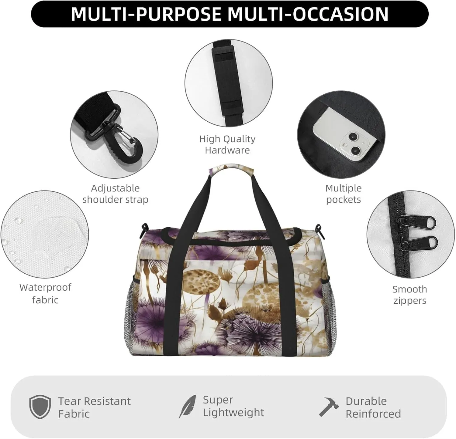 Travel Duffel Bag For Men Women, Purple Dandelion Abstract Art Carry On Sport Gym Bag With Shoulder Strap Lightweight Waterproof Weekender Bag Overnight Bag