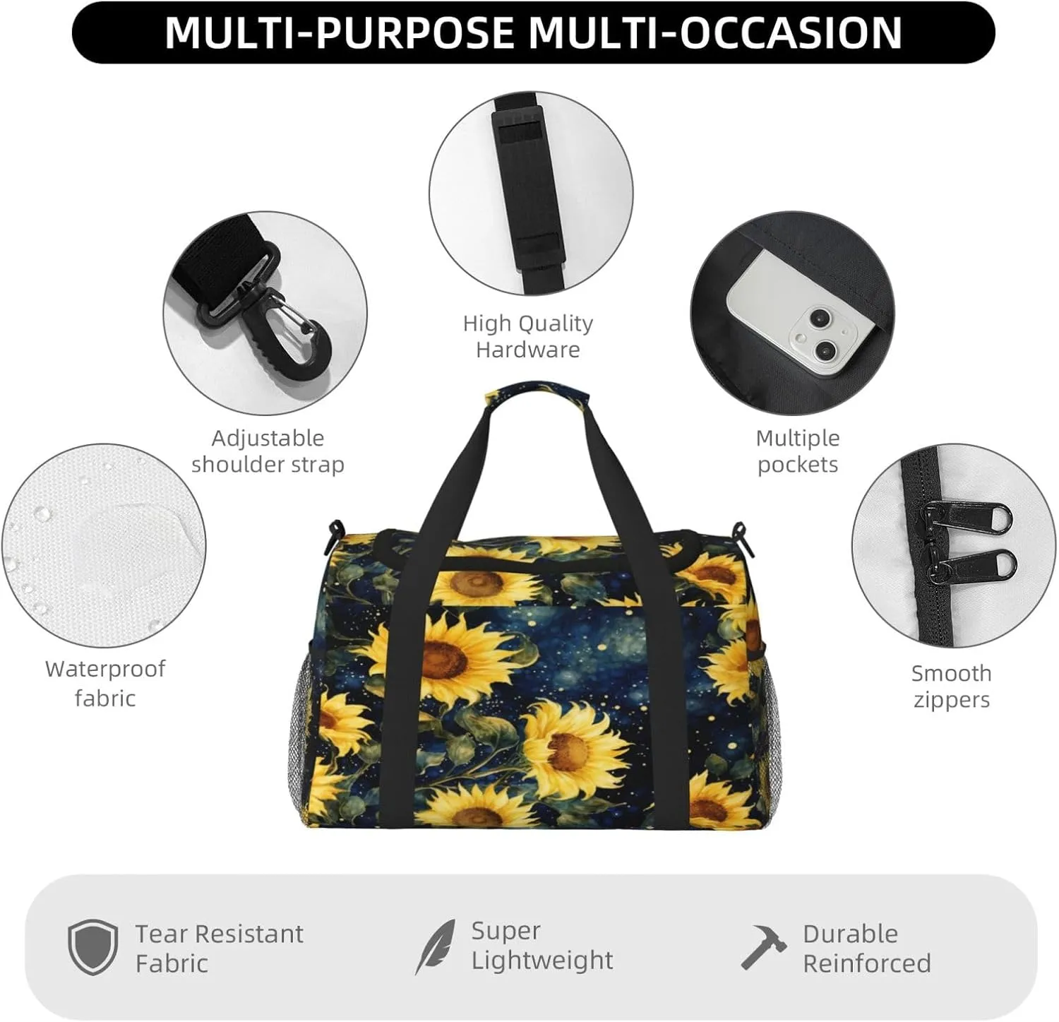 Travel Duffel Bag For Men Women, Sunflower Galaxy Starry Sky Painting Carry On Sport Gym Bag With Shoulder Strap Lightweight Waterproof Weekender Bag Overnight Bag