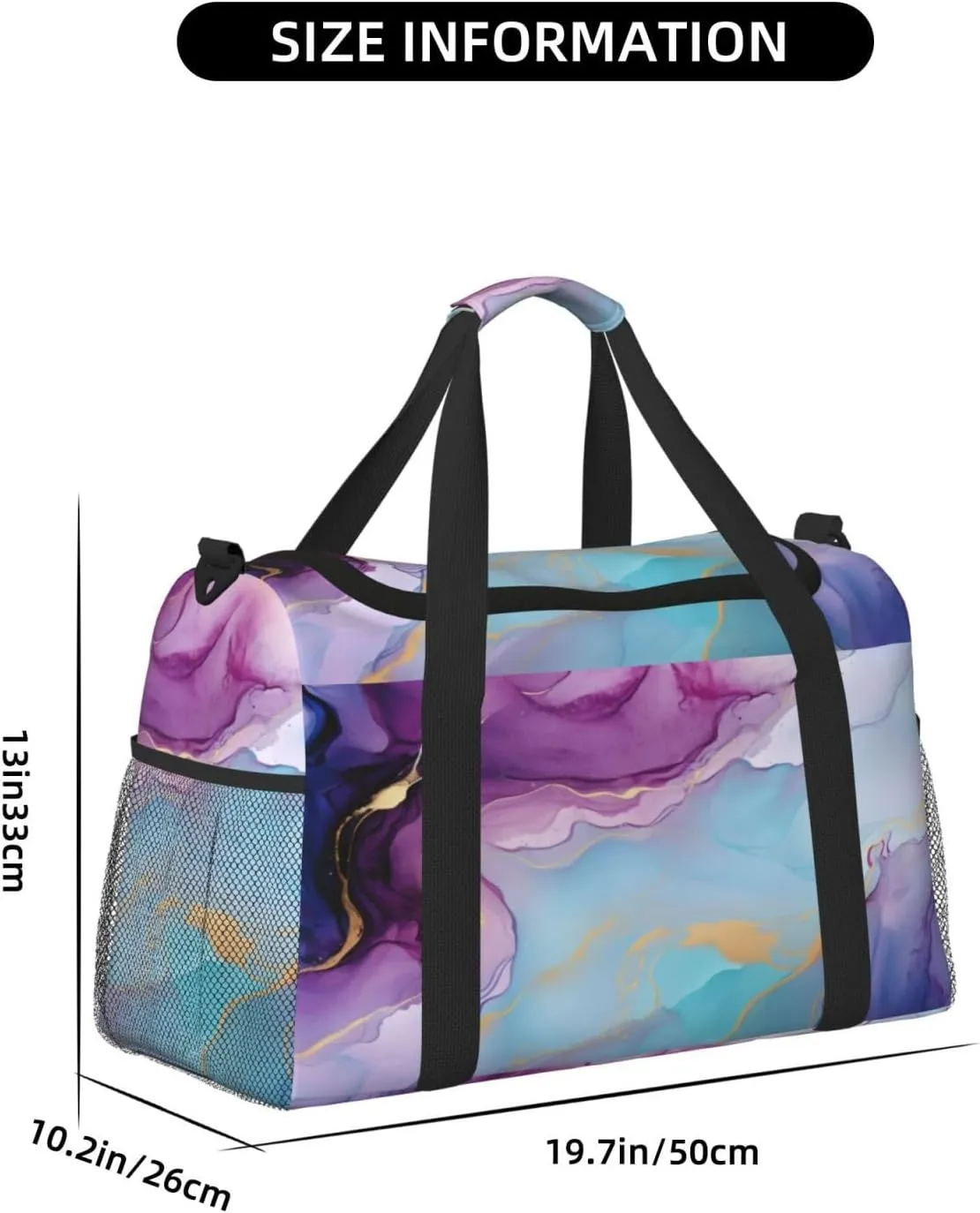 Travel Duffel Bag For Men Women, Violet Cyan Blue Liquid Watercolor Marbling Carry On Sport Gym Bag With Shoulder Strap Lightweight Waterproof Weekender Bag Overnight Bag