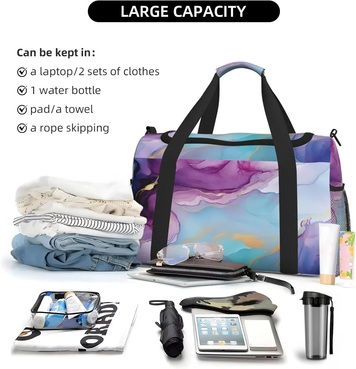Travel Duffel Bag For Men Women, Violet Cyan Blue Liquid Watercolor Marbling Carry On Sport Gym Bag With Shoulder Strap Lightweight Waterproof Weekender Bag Overnight Bag