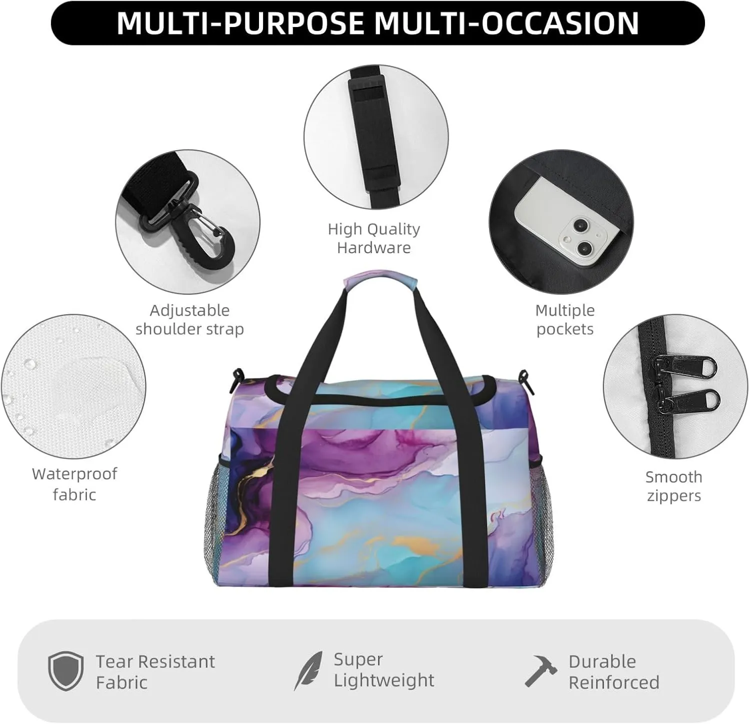 Travel Duffel Bag For Men Women, Violet Cyan Blue Liquid Watercolor Marbling Carry On Sport Gym Bag With Shoulder Strap Lightweight Waterproof Weekender Bag Overnight Bag