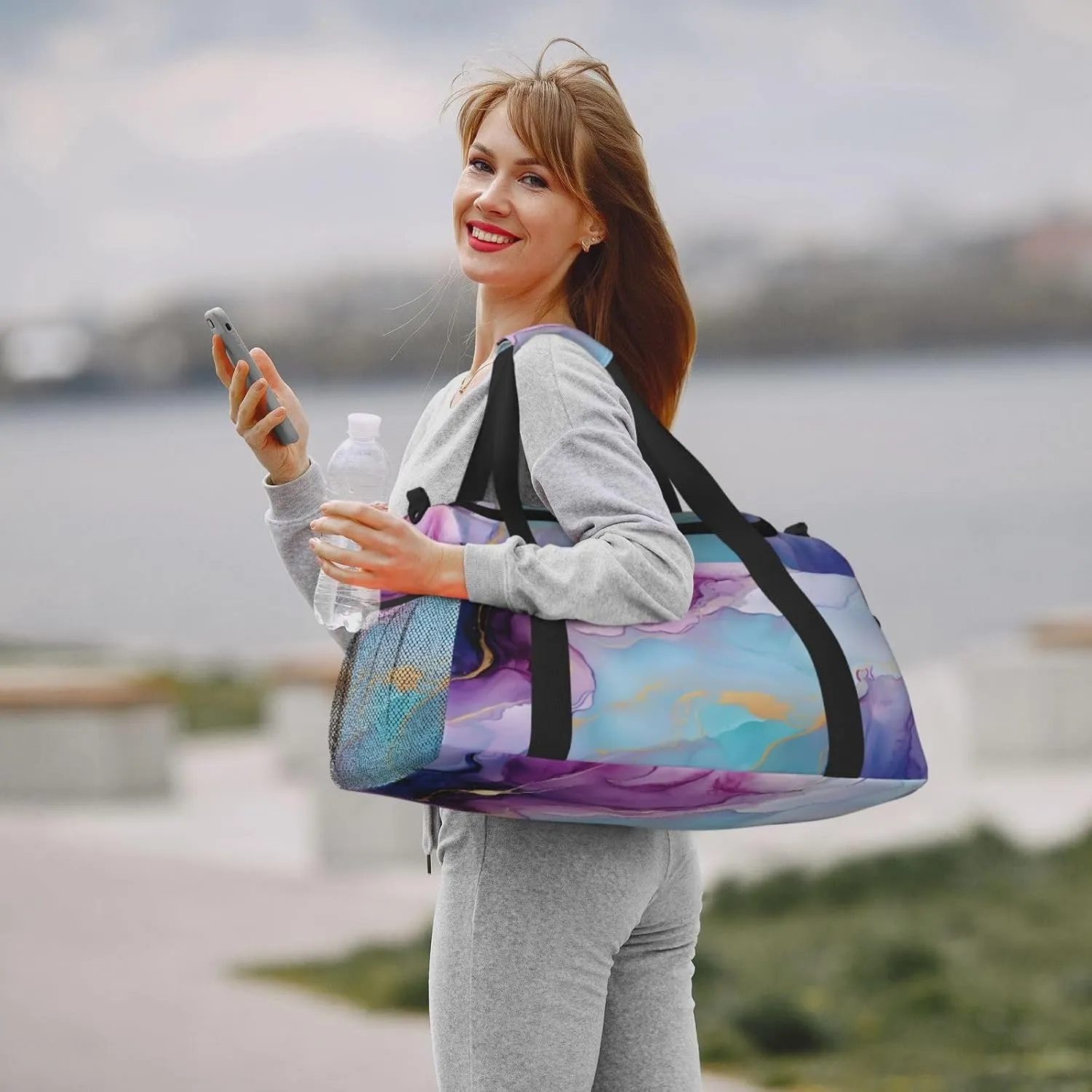 Travel Duffel Bag For Men Women, Violet Cyan Blue Liquid Watercolor Marbling Carry On Sport Gym Bag With Shoulder Strap Lightweight Waterproof Weekender Bag Overnight Bag