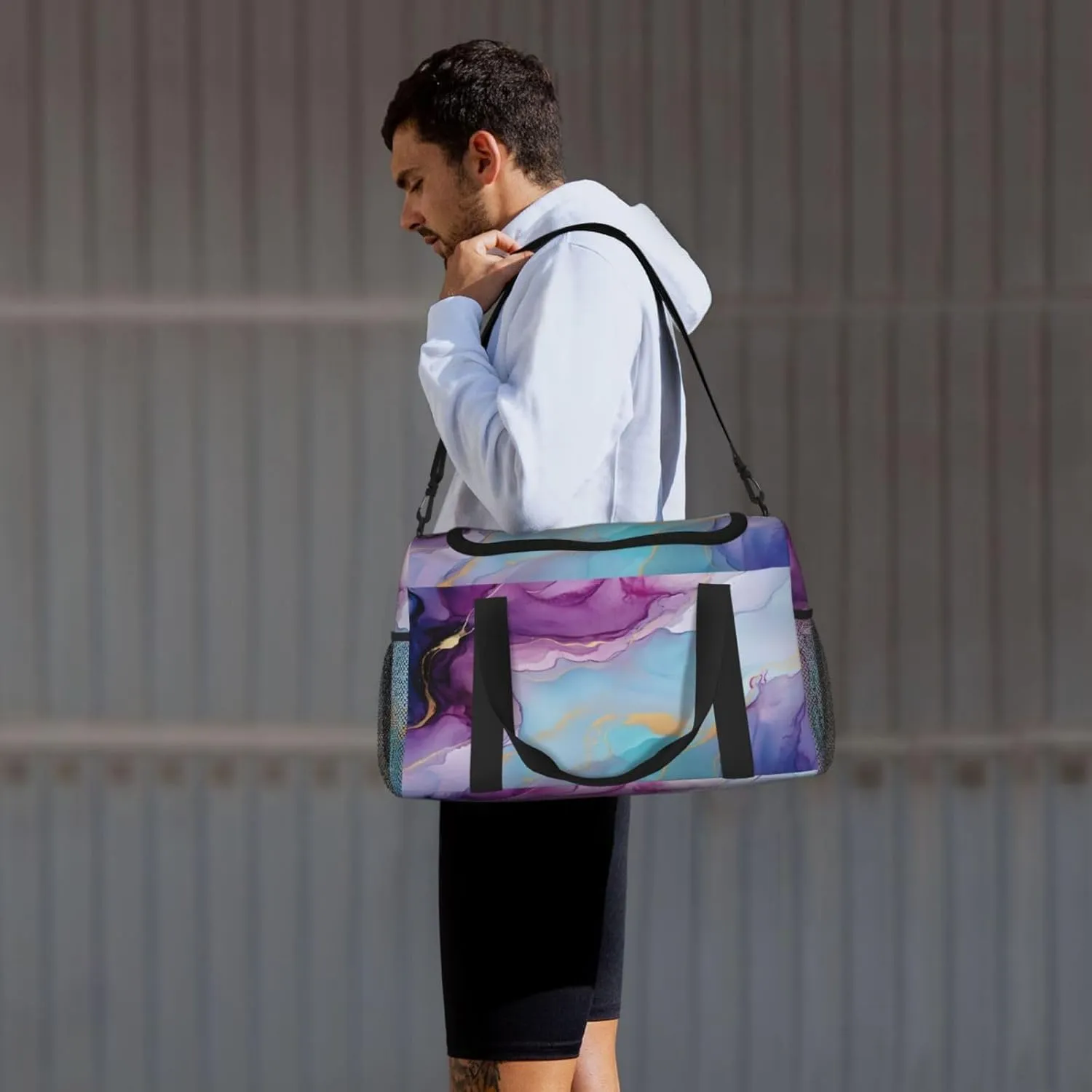 Travel Duffel Bag For Men Women, Violet Cyan Blue Liquid Watercolor Marbling Carry On Sport Gym Bag With Shoulder Strap Lightweight Waterproof Weekender Bag Overnight Bag