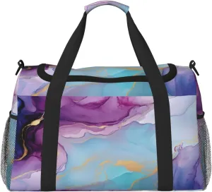 Travel Duffel Bag For Men Women, Violet Cyan Blue Liquid Watercolor Marbling Carry On Sport Gym Bag With Shoulder Strap Lightweight Waterproof Weekender Bag Overnight Bag