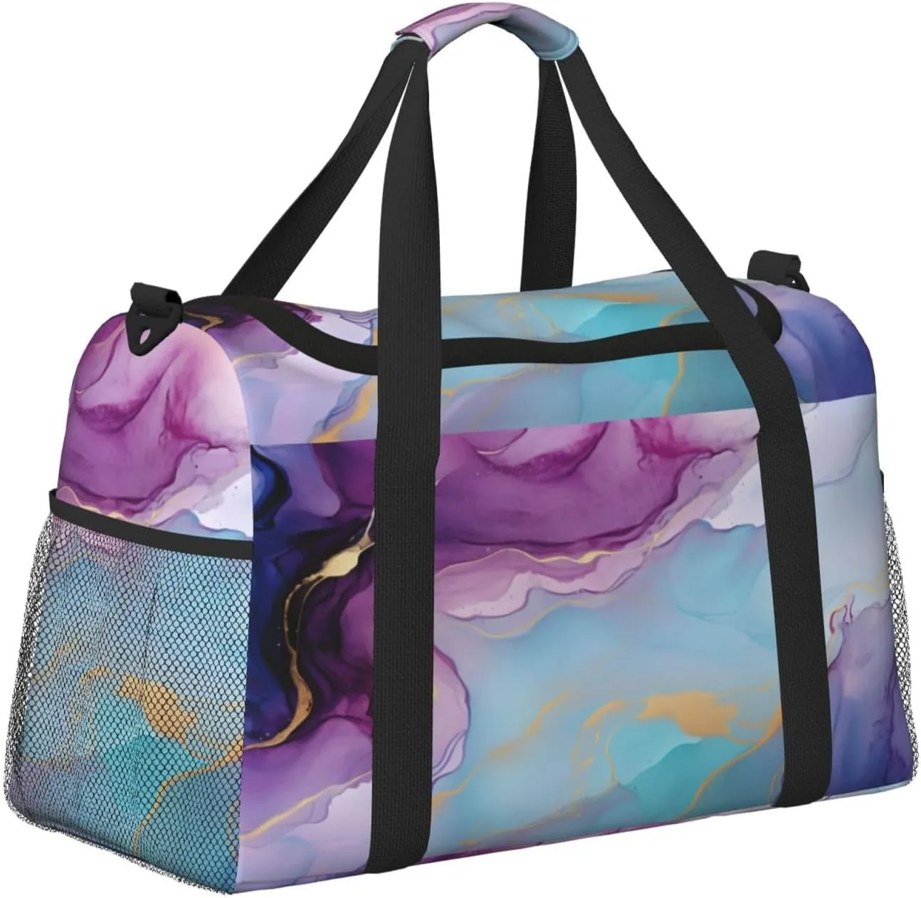 Travel Duffel Bag For Men Women, Violet Cyan Blue Liquid Watercolor Marbling Carry On Sport Gym Bag With Shoulder Strap Lightweight Waterproof Weekender Bag Overnight Bag