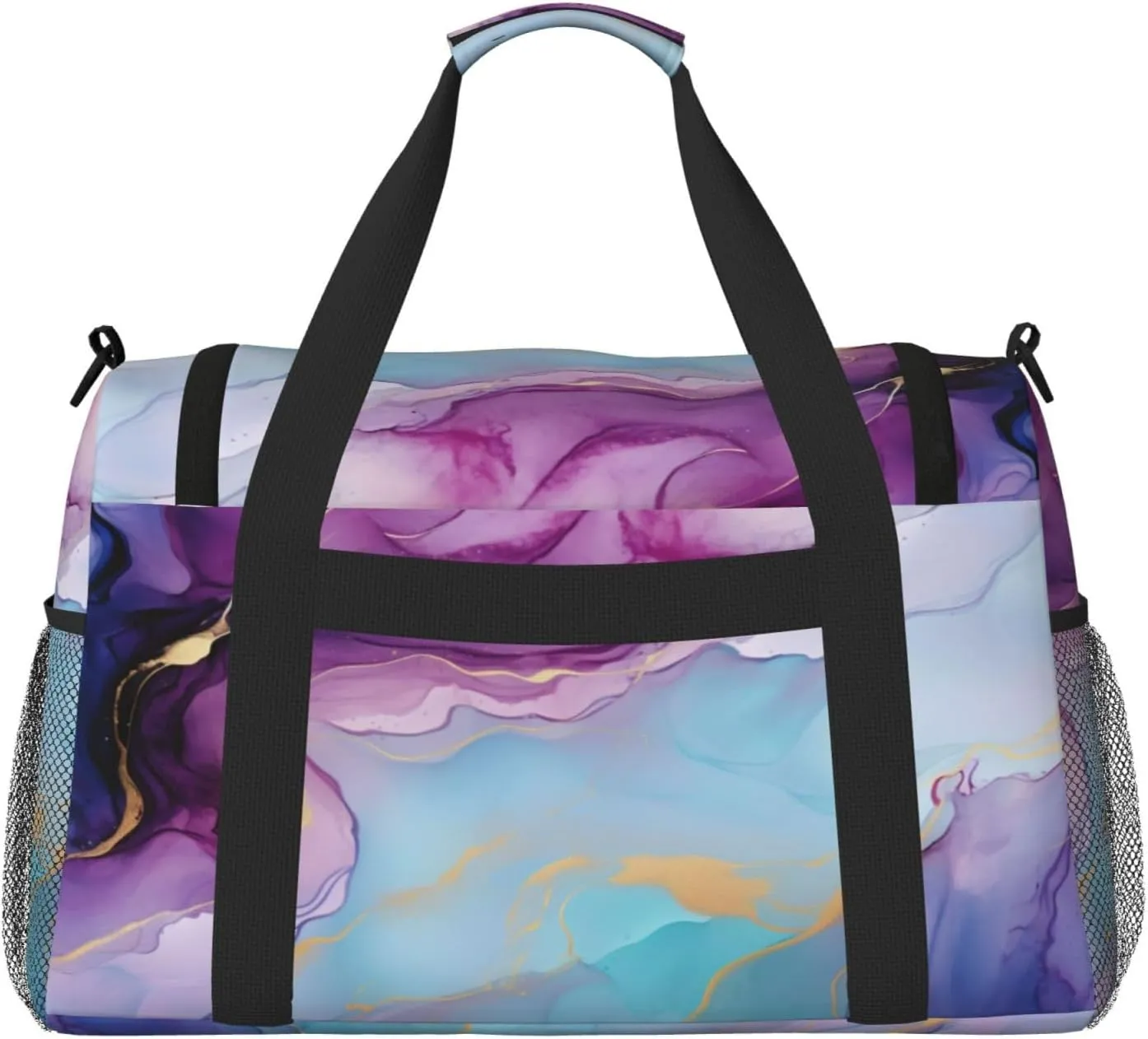 Travel Duffel Bag For Men Women, Violet Cyan Blue Liquid Watercolor Marbling Carry On Sport Gym Bag With Shoulder Strap Lightweight Waterproof Weekender Bag Overnight Bag