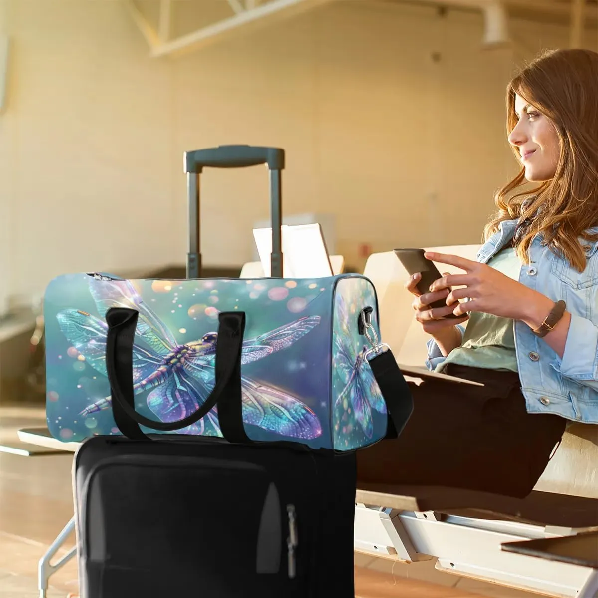 Travel Duffel Bag, Glitter Dragonfly Sports Tote Gym Bag Foldable Western Aztec Weekender Bag Carry on Luggage Handle Bag Overnight Shoulder Bag for Women Men,A-152