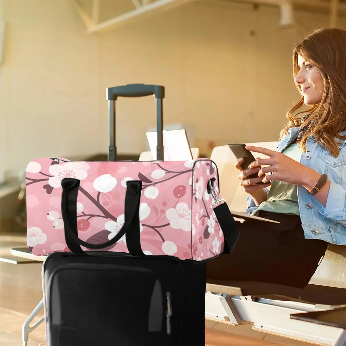 Travel Duffel Bag, Japan Cherry Blossoms Flower Floral Sports Tote Gym Bag Foldable Western Aztec Weekender Bag Carry on Luggage Handle Bag Overnight Shoulder Bag for Women Men,A-230