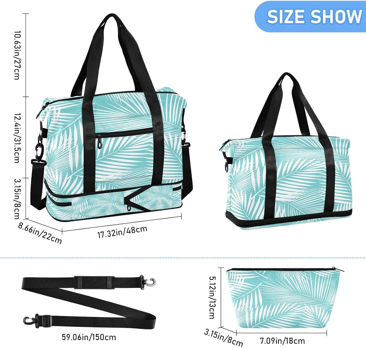 Travel Duffel Bag Leaves Of Palm Tree Weekender Overnight Bag for Women Men With Shoe Compartments Tropical Hawaii Sports Tote Gym Bag with Wet Pocket for Travel Sport Yoga 17 Inch