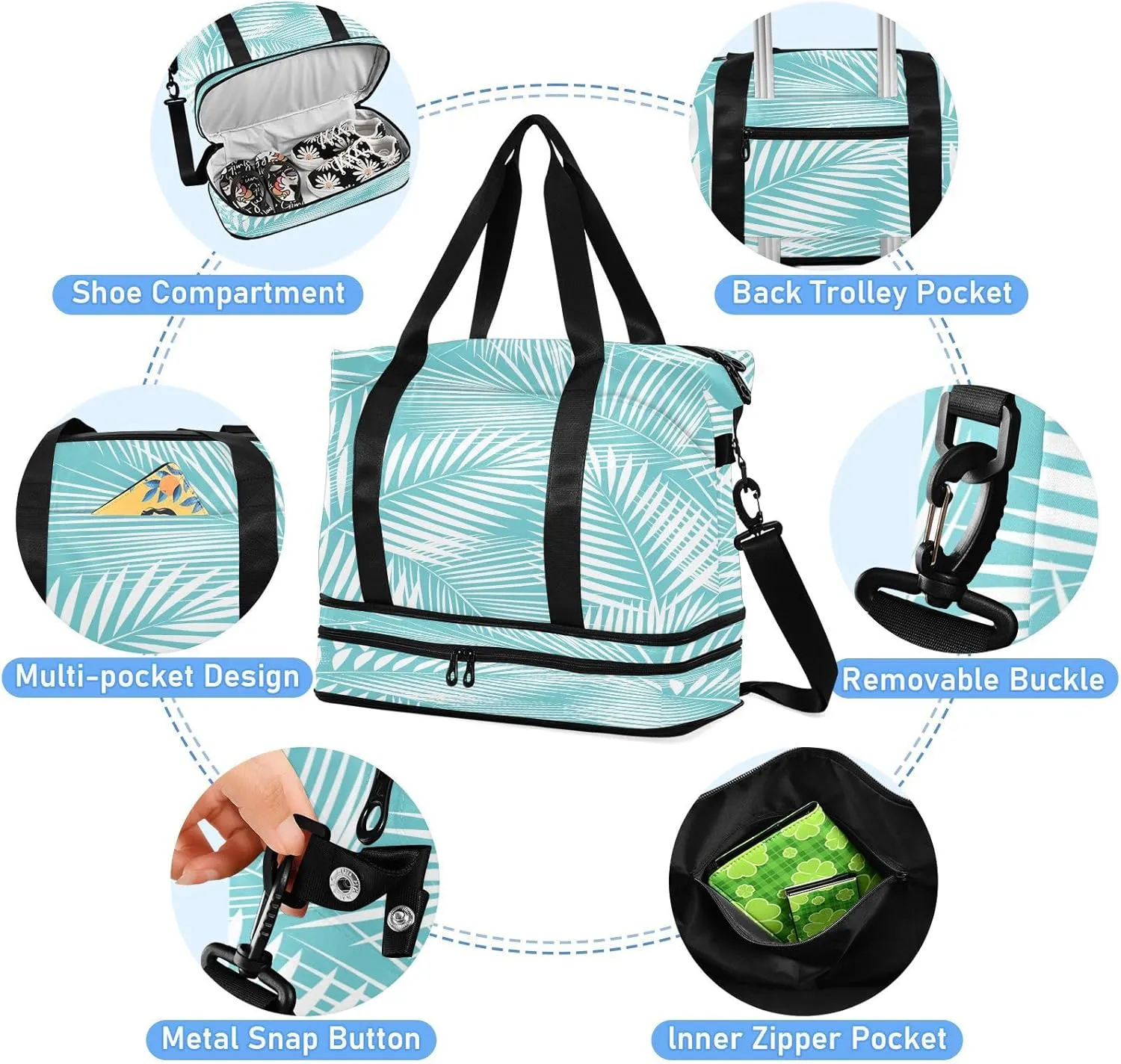Travel Duffel Bag Leaves Of Palm Tree Weekender Overnight Bag for Women Men With Shoe Compartments Tropical Hawaii Sports Tote Gym Bag with Wet Pocket for Travel Sport Yoga 17 Inch