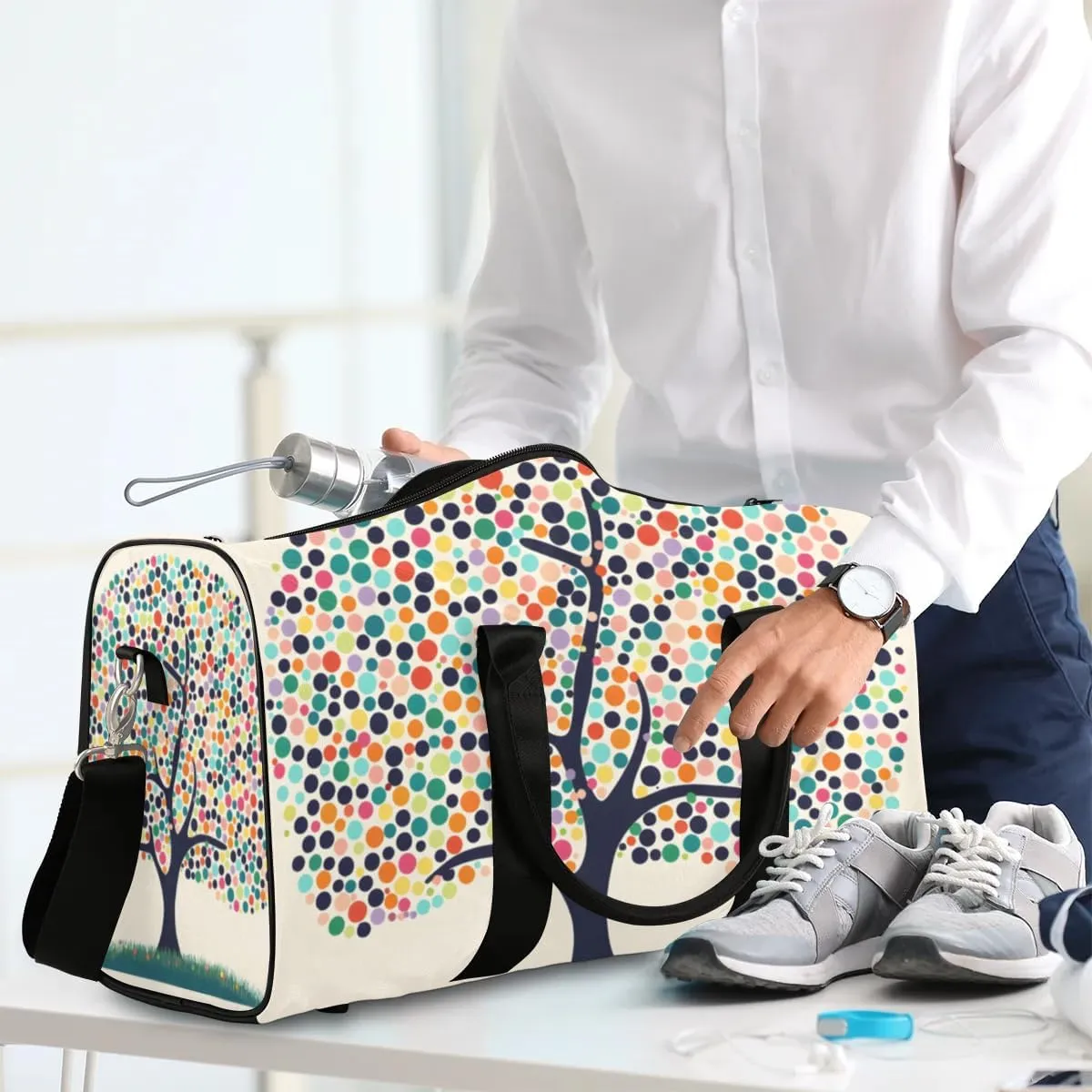 Travel Duffel Bag, Polka Dot Tree Sports Tote Gym Bag Foldable Western Aztec Weekender Bag Carry on Luggage Handle Bag Overnight Shoulder Bag for Women Men,A-427