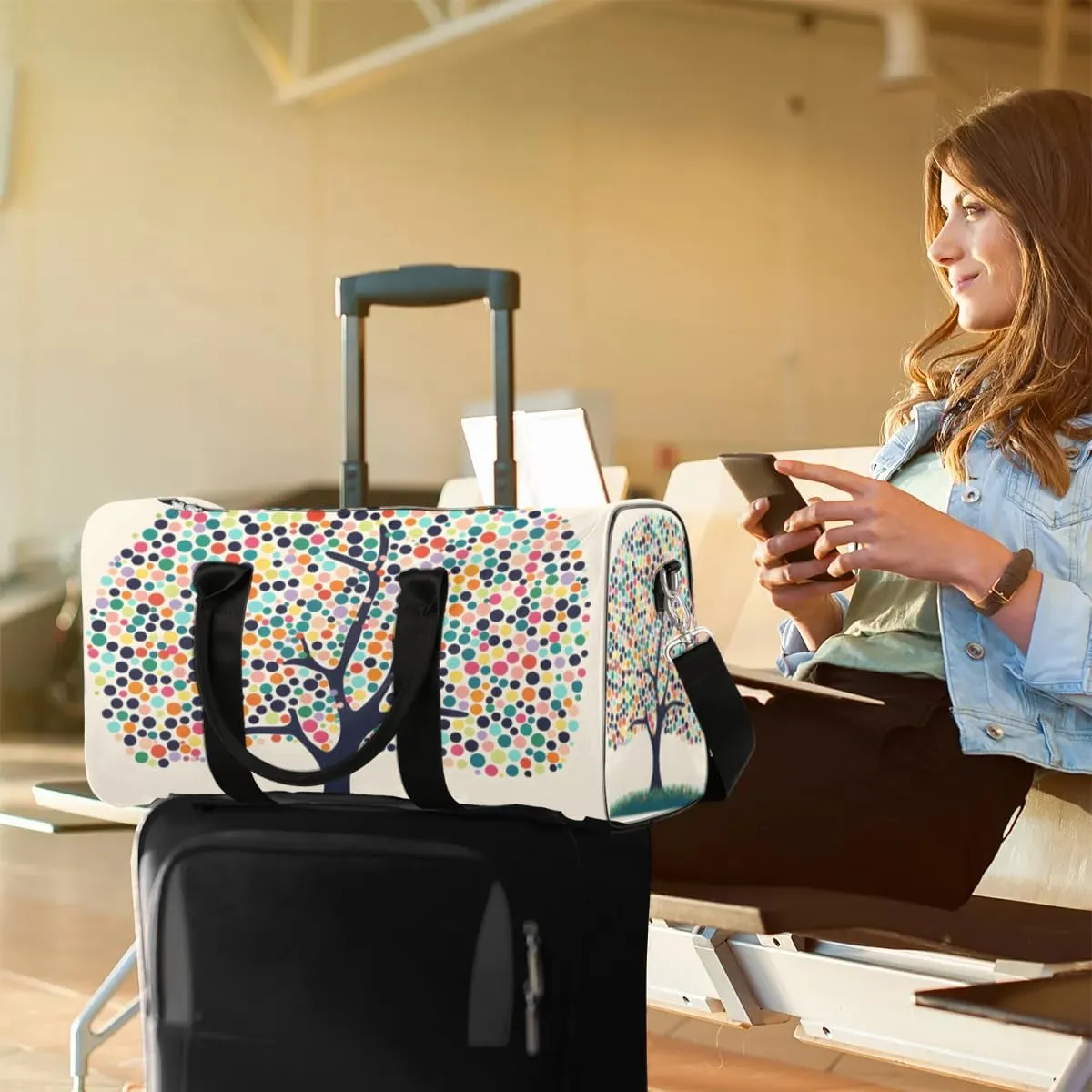 Travel Duffel Bag, Polka Dot Tree Sports Tote Gym Bag Foldable Western Aztec Weekender Bag Carry on Luggage Handle Bag Overnight Shoulder Bag for Women Men,A-427