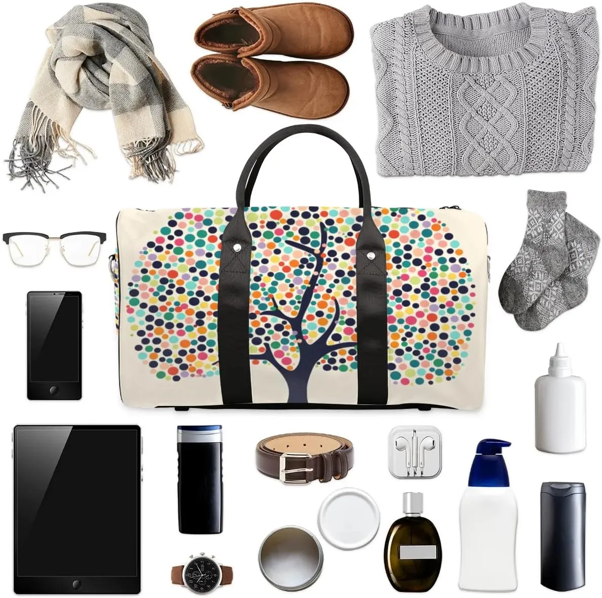 Travel Duffel Bag, Polka Dot Tree Sports Tote Gym Bag Foldable Western Aztec Weekender Bag Carry on Luggage Handle Bag Overnight Shoulder Bag for Women Men,A-427