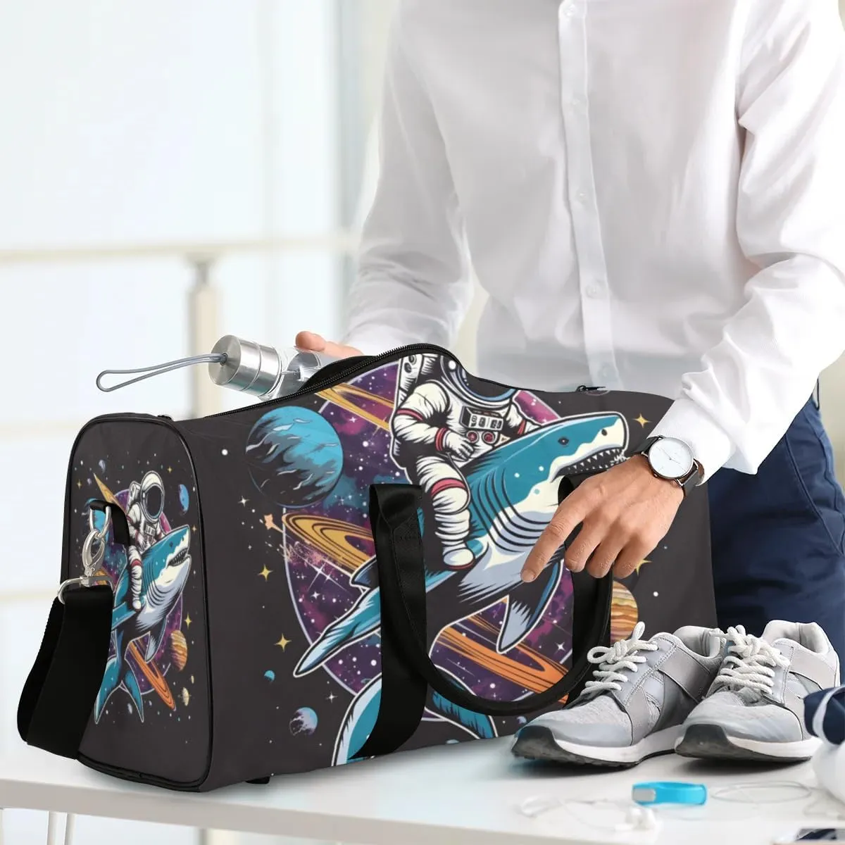 Travel Duffel Bag, Universe Astronaut Shark Planet Sports Tote Gym Bag Foldable Western Aztec Weekender Bag Carry on Luggage Handle Bag Overnight Shoulder Bag for Women Men,A-1026