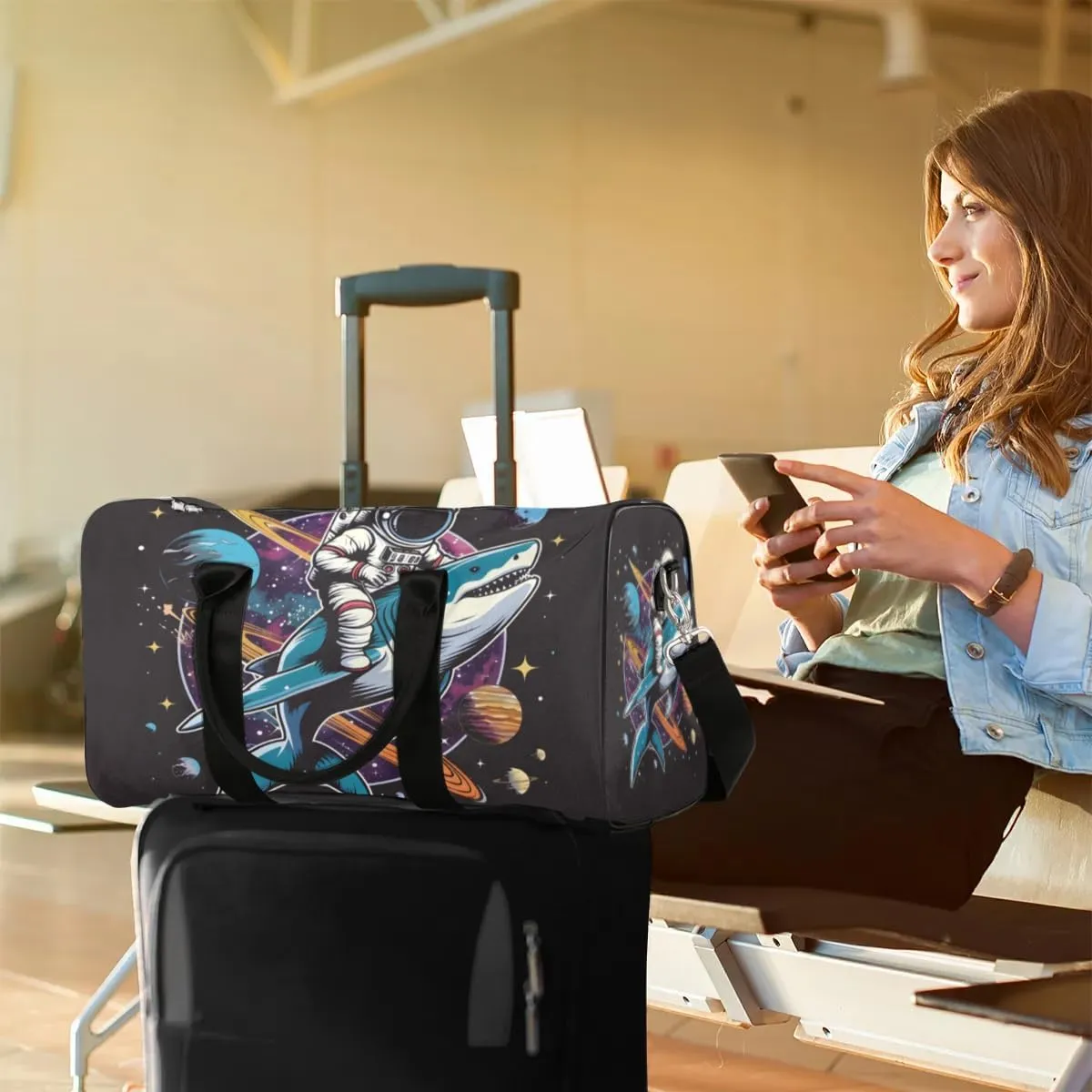 Travel Duffel Bag, Universe Astronaut Shark Planet Sports Tote Gym Bag Foldable Western Aztec Weekender Bag Carry on Luggage Handle Bag Overnight Shoulder Bag for Women Men,A-1026