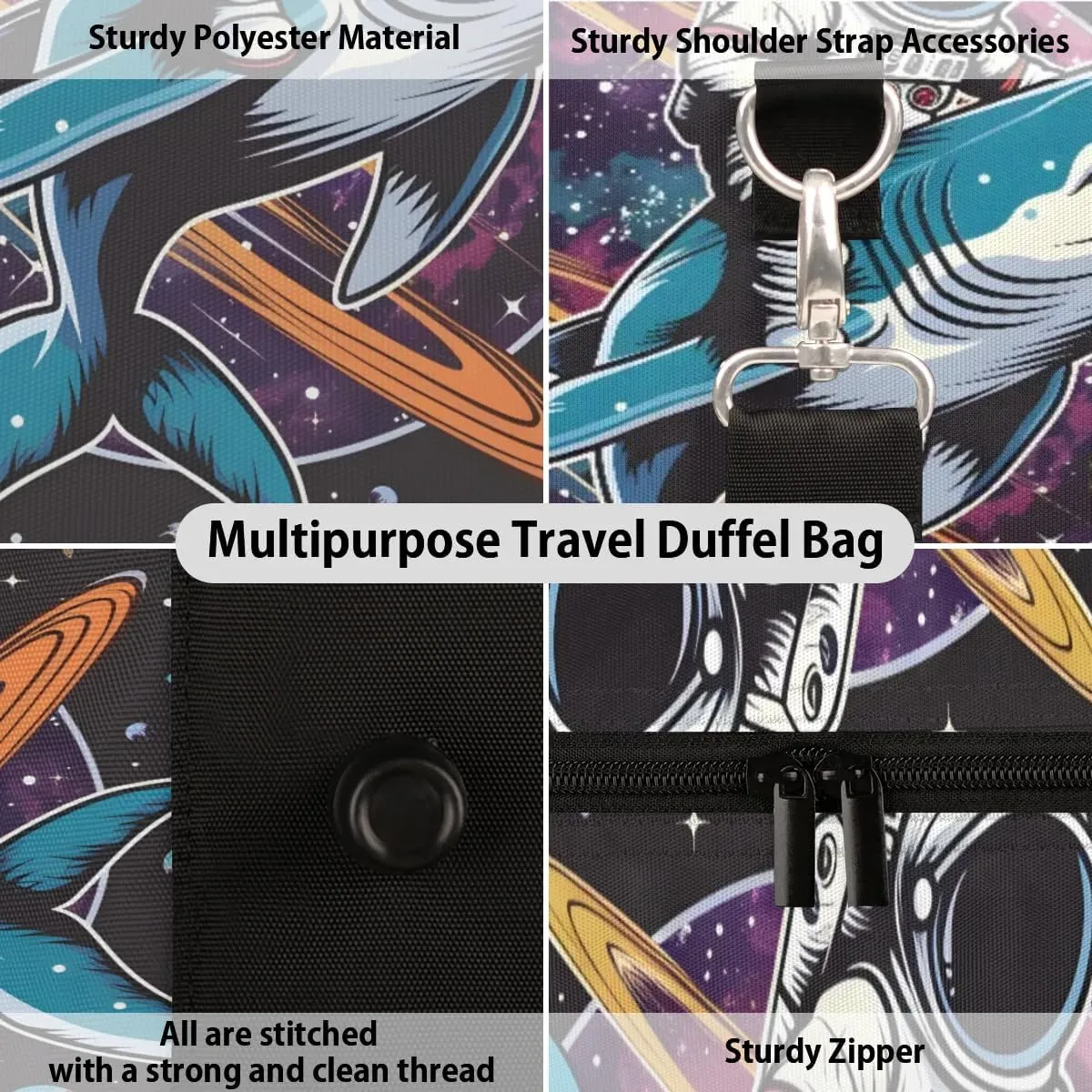 Travel Duffel Bag, Universe Astronaut Shark Planet Sports Tote Gym Bag Foldable Western Aztec Weekender Bag Carry on Luggage Handle Bag Overnight Shoulder Bag for Women Men,A-1026