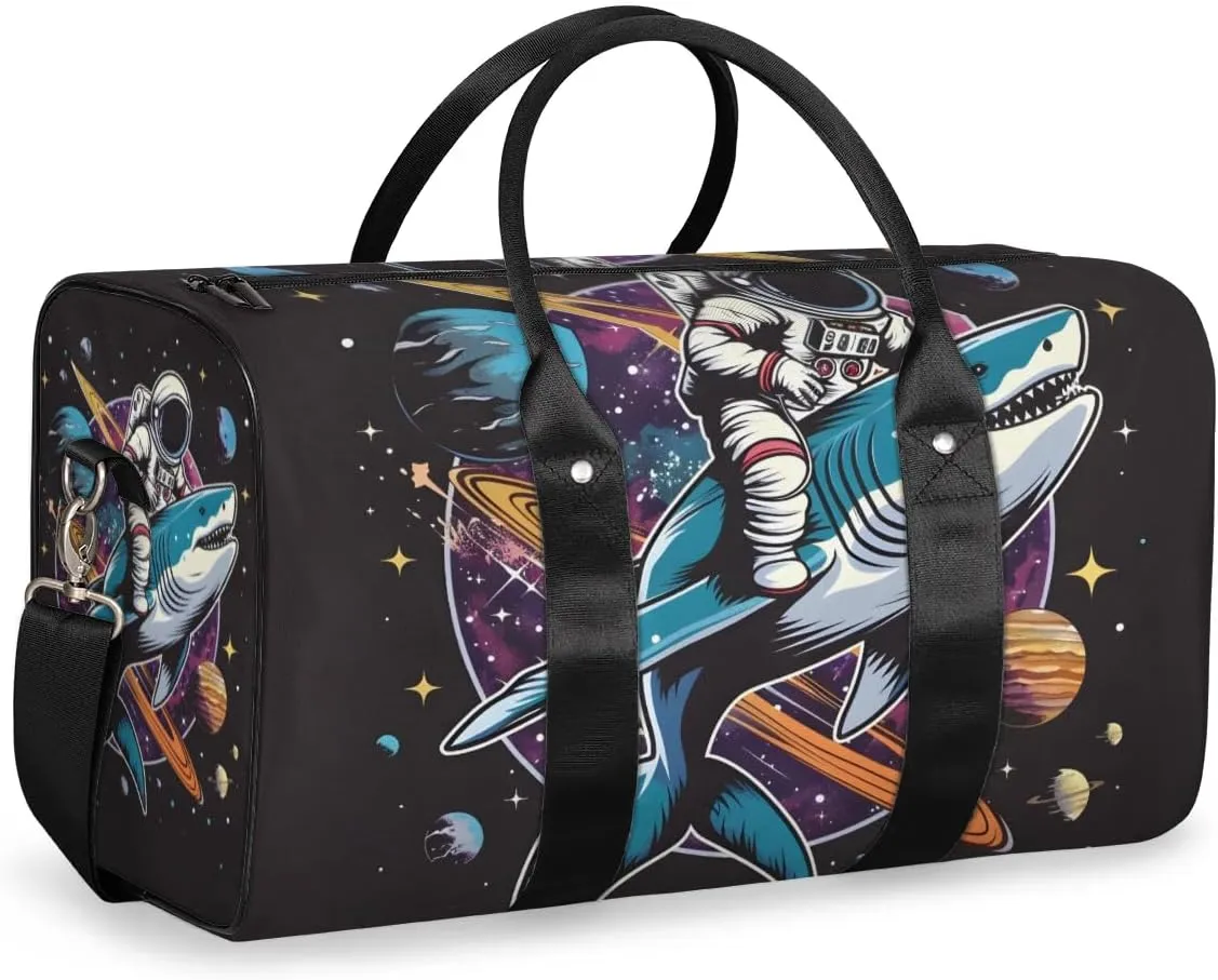 Travel Duffel Bag, Universe Astronaut Shark Planet Sports Tote Gym Bag Foldable Western Aztec Weekender Bag Carry on Luggage Handle Bag Overnight Shoulder Bag for Women Men,A-1026