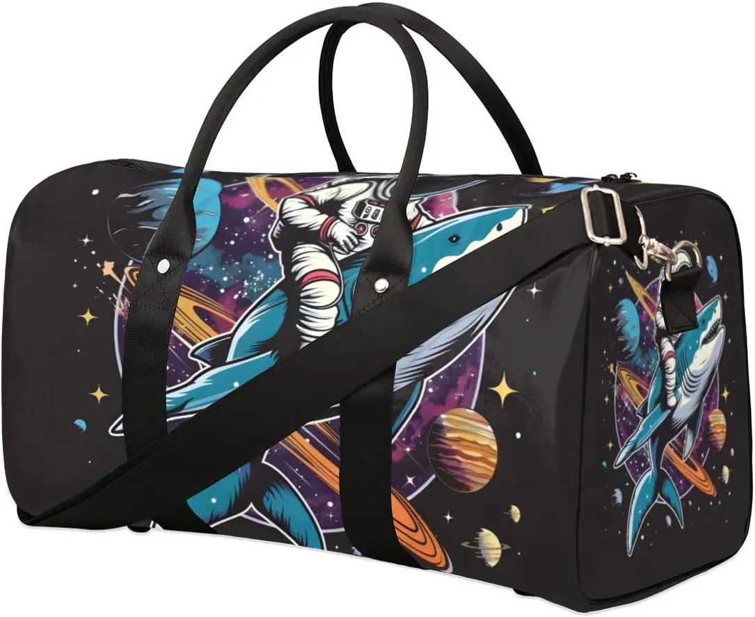 Travel Duffel Bag, Universe Astronaut Shark Planet Sports Tote Gym Bag Foldable Western Aztec Weekender Bag Carry on Luggage Handle Bag Overnight Shoulder Bag for Women Men,A-1026