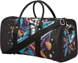 Travel Duffel Bag, Universe Astronaut Shark Planet Sports Tote Gym Bag Foldable Western Aztec Weekender Bag Carry on Luggage Handle Bag Overnight Shoulder Bag for Women Men,A-1026