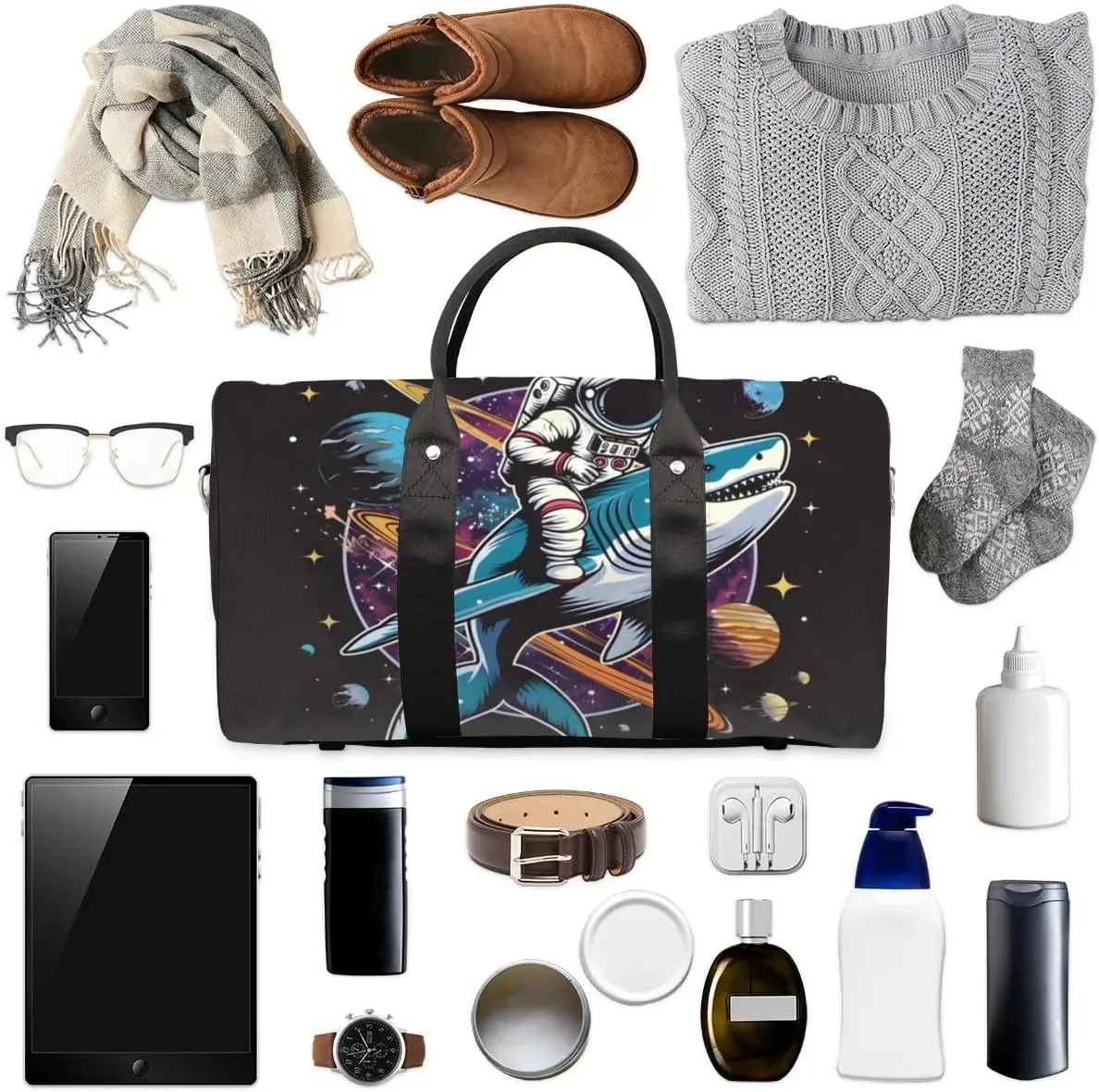 Travel Duffel Bag, Universe Astronaut Shark Planet Sports Tote Gym Bag Foldable Western Aztec Weekender Bag Carry on Luggage Handle Bag Overnight Shoulder Bag for Women Men,A-1026