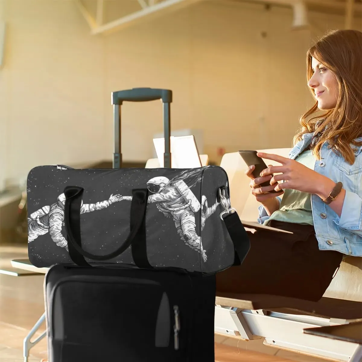 Travel Duffel Bag, Universe Astronaut Space Sports Tote Gym Bag Foldable Western Aztec Weekender Bag Carry on Luggage Handle Bag Overnight Shoulder Bag for Women Men,A-1027