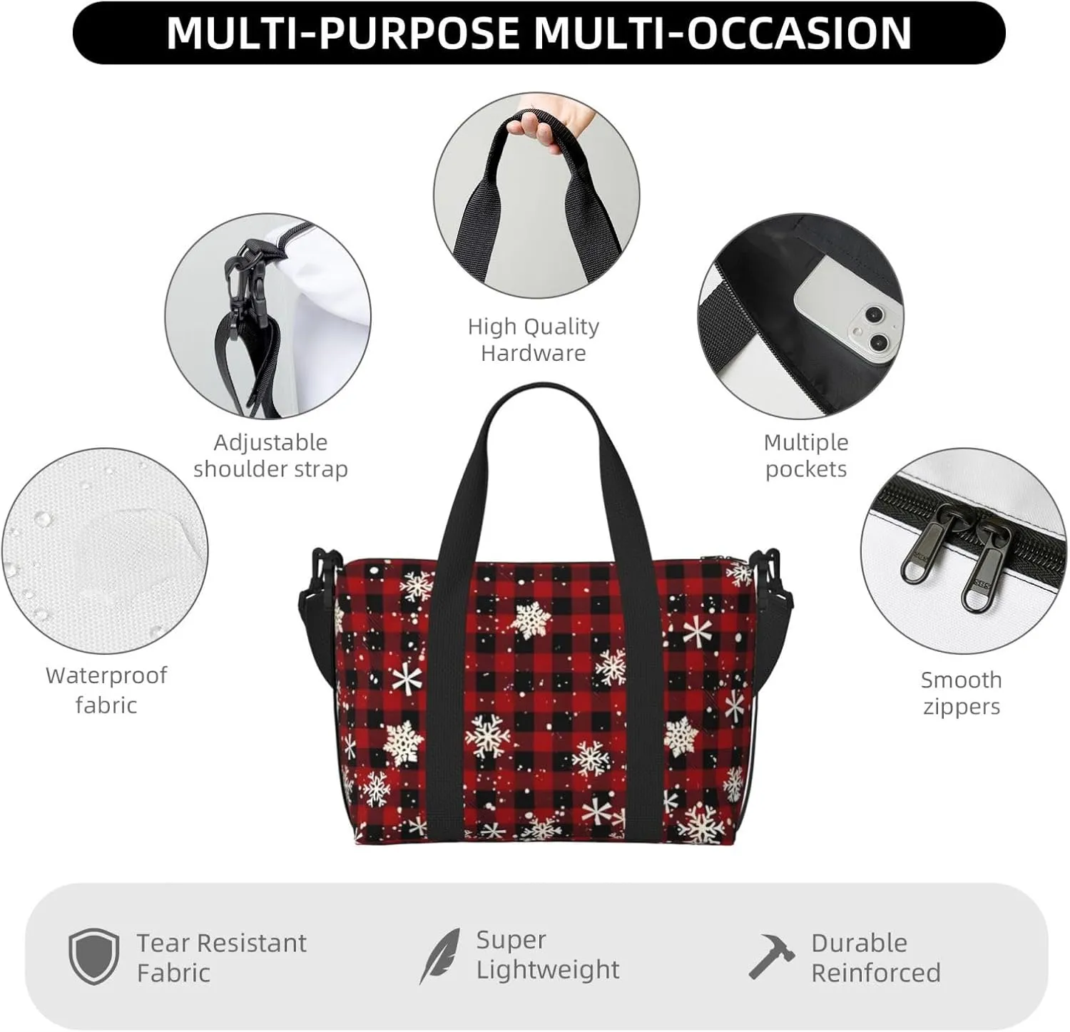 Travel Duffle Bag Buffalo Christmas Snowflake Weekender Overnight Bags Luggage Bag for Women Men Waterproof Sports Gym Bag Hand Bag with Shoulder Strap