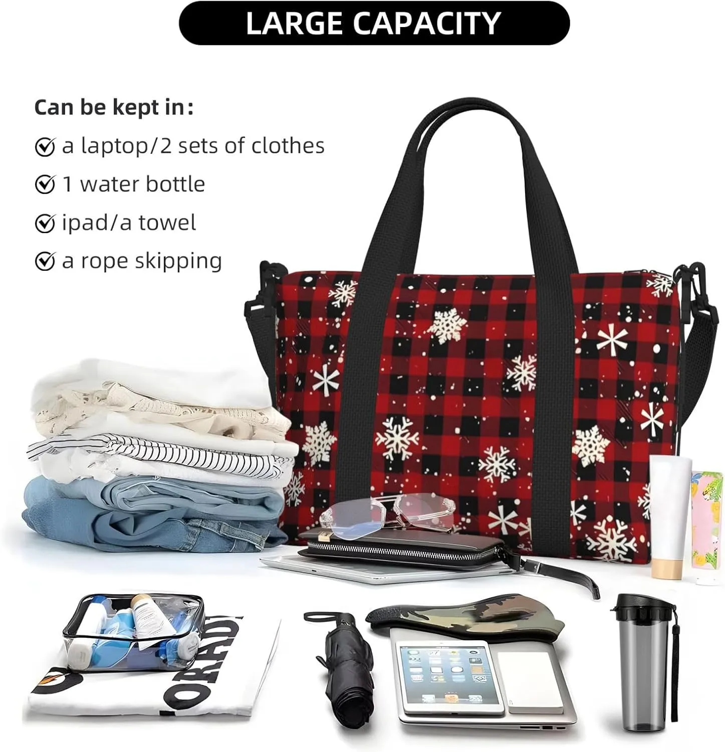 Travel Duffle Bag Buffalo Christmas Snowflake Weekender Overnight Bags Luggage Bag for Women Men Waterproof Sports Gym Bag Hand Bag with Shoulder Strap