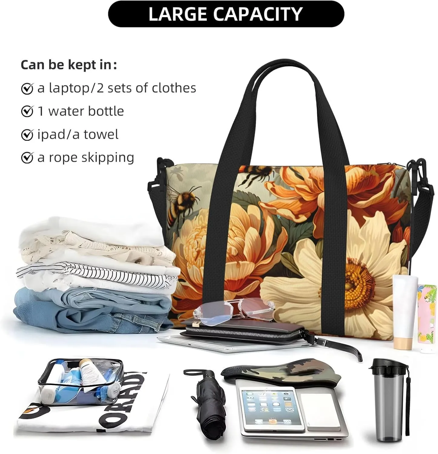 Travel Duffle Bag Chrysanthemum Bee Weekender Overnight Bags Luggage Bag for Women Men Waterproof Sports Gym Bag Hand Bag with Shoulder Strap