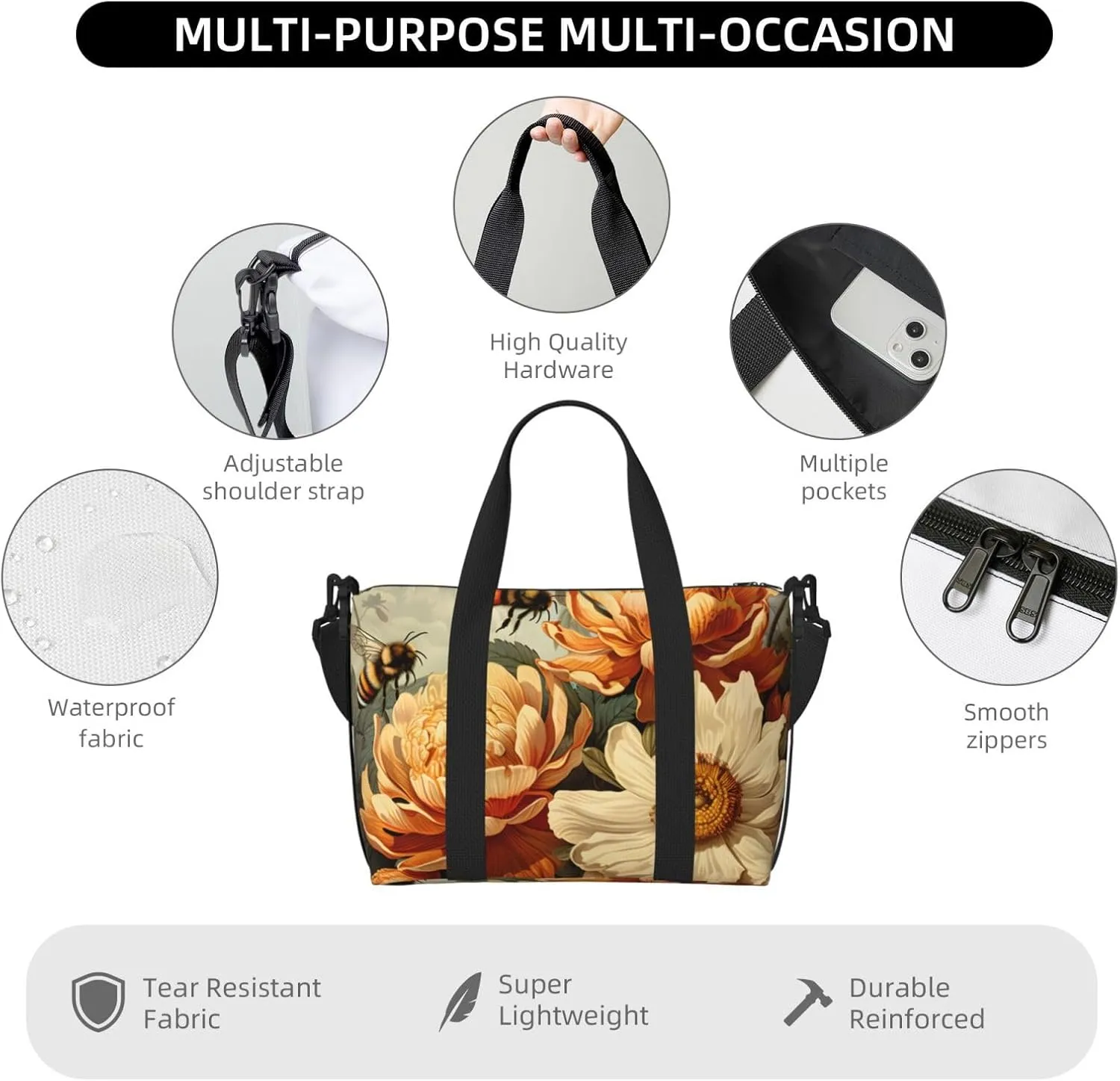 Travel Duffle Bag Chrysanthemum Bee Weekender Overnight Bags Luggage Bag for Women Men Waterproof Sports Gym Bag Hand Bag with Shoulder Strap