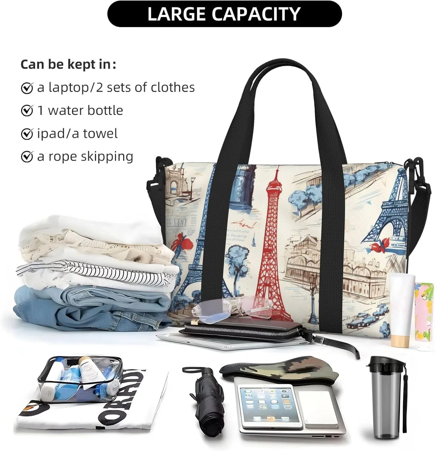 Travel Duffle Bag France Paris Eiffel Tower Weekender Overnight Bags Luggage Bag for Women Men Waterproof Sports Gym Bag Hand Bag with Shoulder Strap