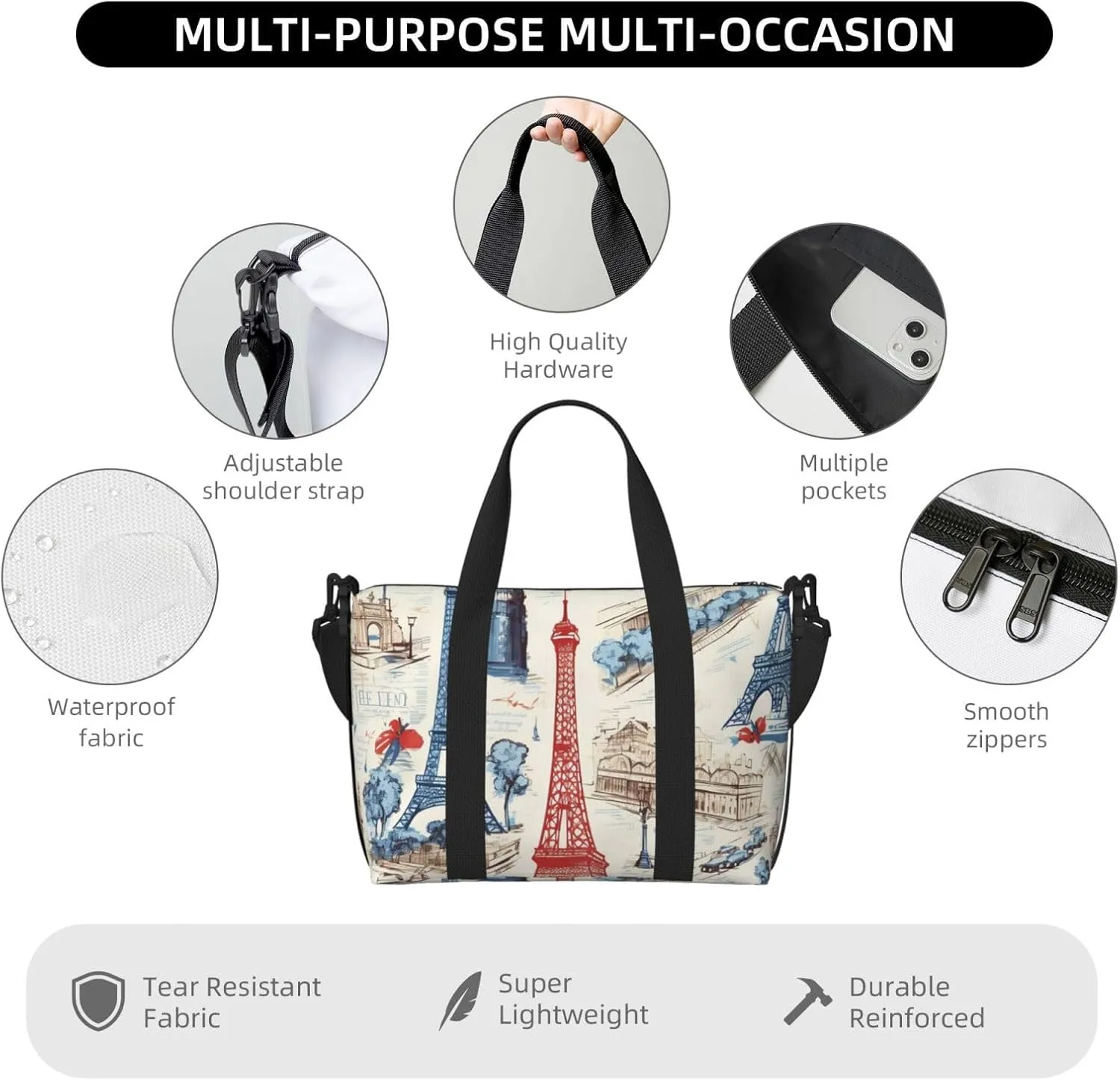 Travel Duffle Bag France Paris Eiffel Tower Weekender Overnight Bags Luggage Bag for Women Men Waterproof Sports Gym Bag Hand Bag with Shoulder Strap