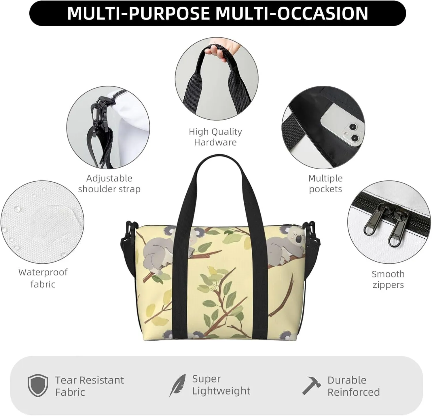 Travel Duffle Bag Koala Leaves Weekender Overnight Bags Luggage Bag for Women Men Waterproof Sports Gym Bag Hand Bag with Shoulder Strap