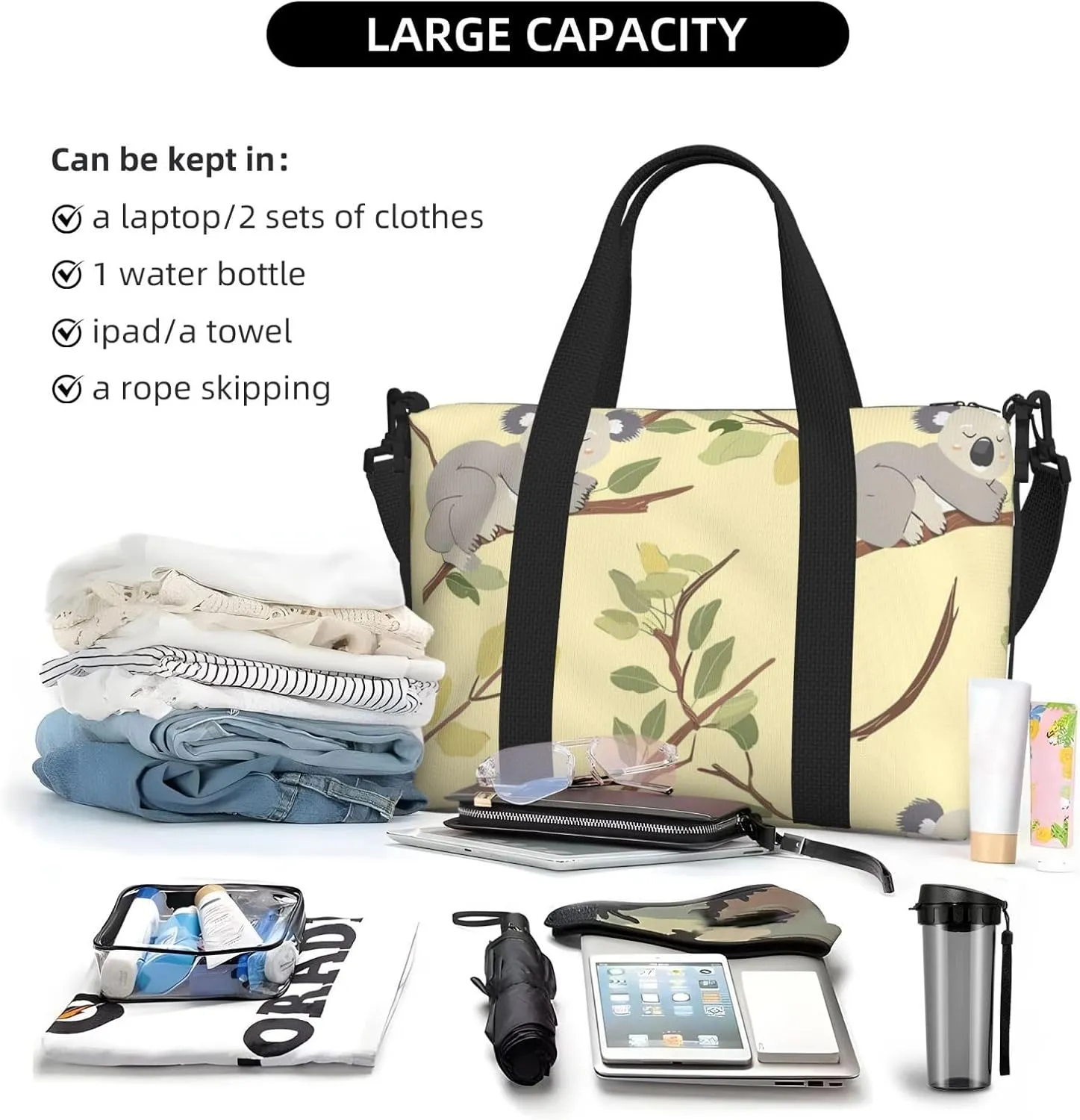 Travel Duffle Bag Koala Leaves Weekender Overnight Bags Luggage Bag for Women Men Waterproof Sports Gym Bag Hand Bag with Shoulder Strap