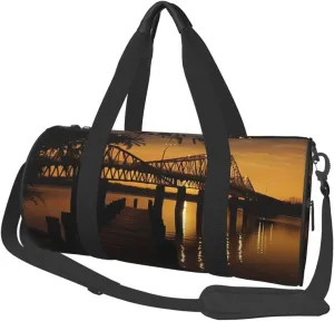 Travel Duffle Bag Lightweight Sports Gym Bag for Men Women Foldable Carry on Weekender Overnight Bag Bridge at dusk Canvas Sport Duffel Bag for Yoga Business Trip