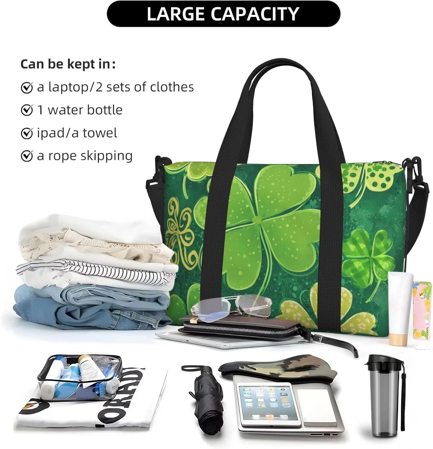Travel Duffle Bag Patricks Day Clover Weekender Overnight Bags Luggage Bag for Women Men Waterproof Sports Gym Bag Hand Bag with Shoulder Strap
