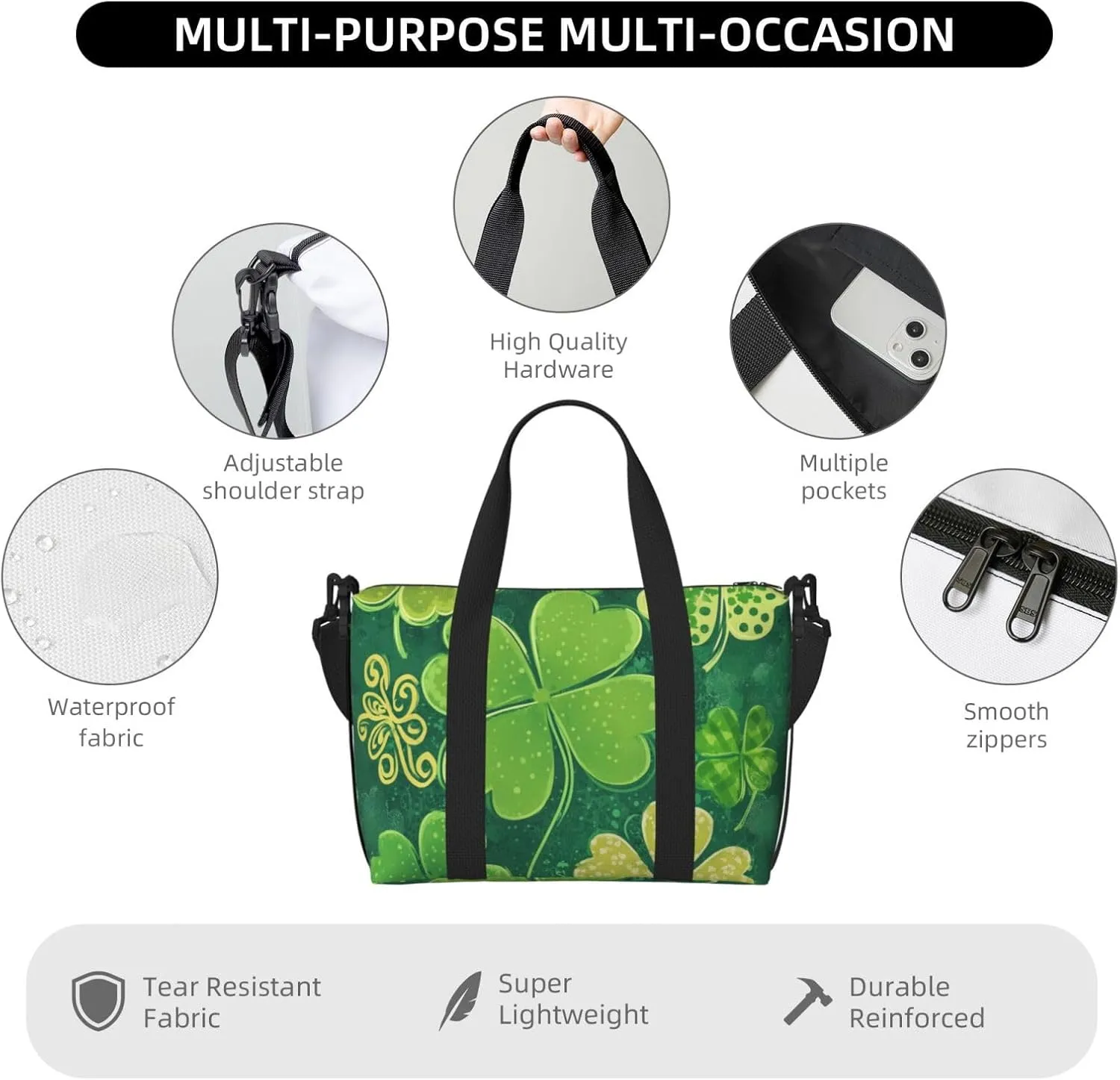 Travel Duffle Bag Patricks Day Clover Weekender Overnight Bags Luggage Bag for Women Men Waterproof Sports Gym Bag Hand Bag with Shoulder Strap
