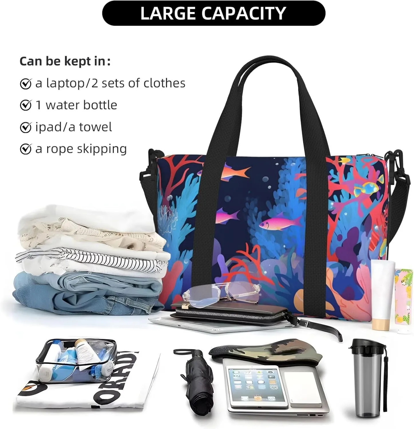 Travel Duffle Bag Sea Underwater Carol Weekender Overnight Bags Luggage Bag for Women Men Waterproof Sports Gym Bag Hand Bag with Shoulder Strap