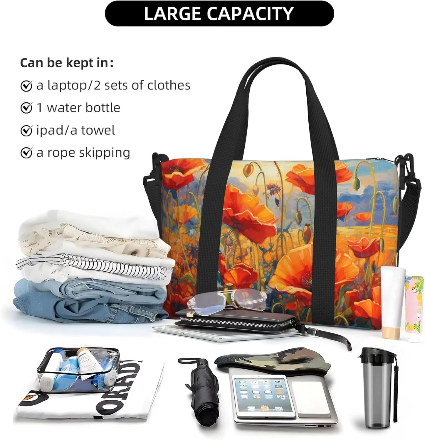 Travel Duffle Bag Watercolor Red Poppy Flower Print Weekender Overnight Bags Luggage Bag for Women Men Waterproof Sports Gym Bag Hand Bag with Shoulder Strap