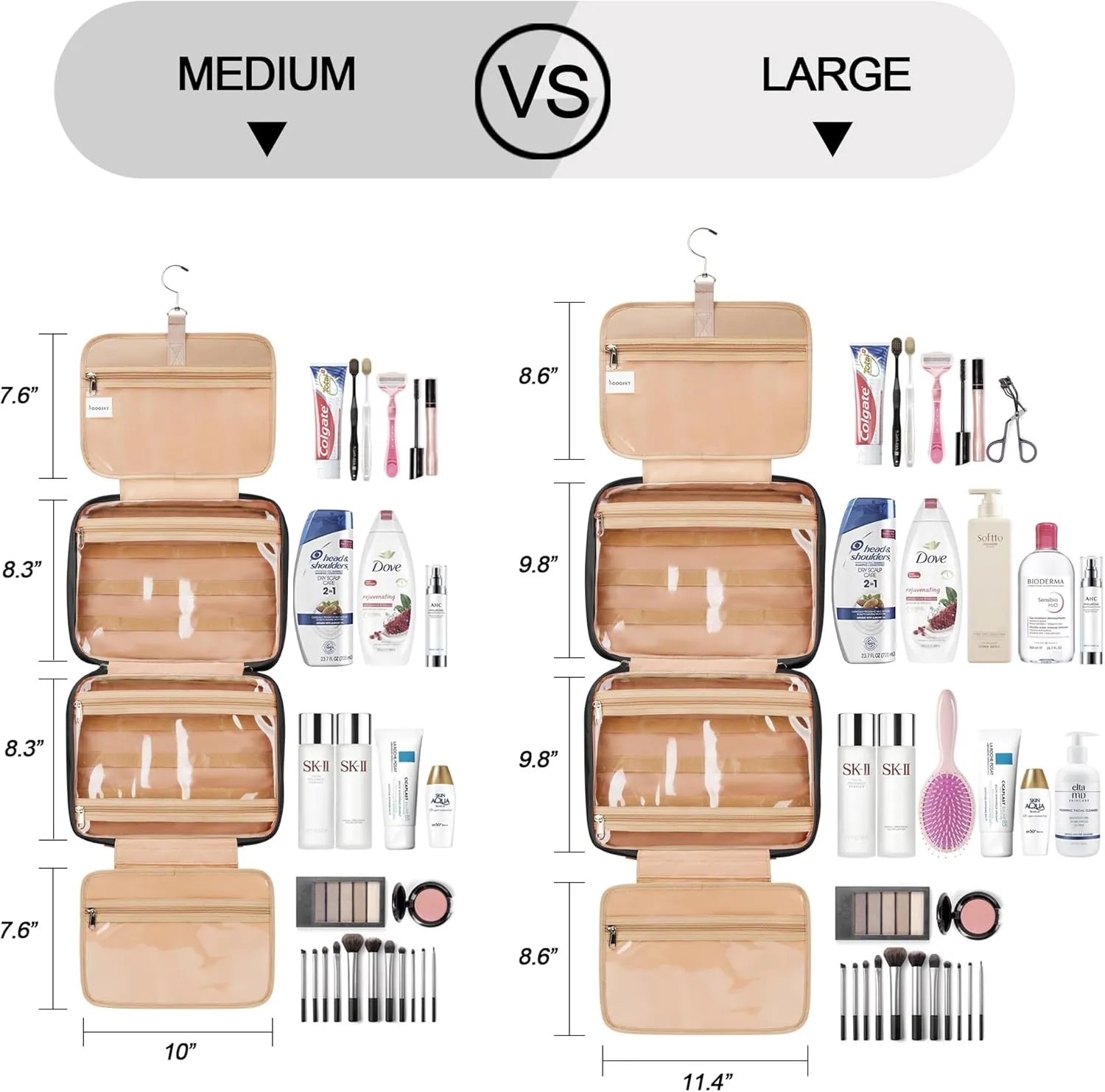 Travel Hanging Toiletry Bag for Women, Large Makeup Bag 8 Leak Proofing Silicone Bottle Covers, Waterproof Cosmetic Bag with Jewelry Organizer Compartment, Toiletries Kit Set, Black