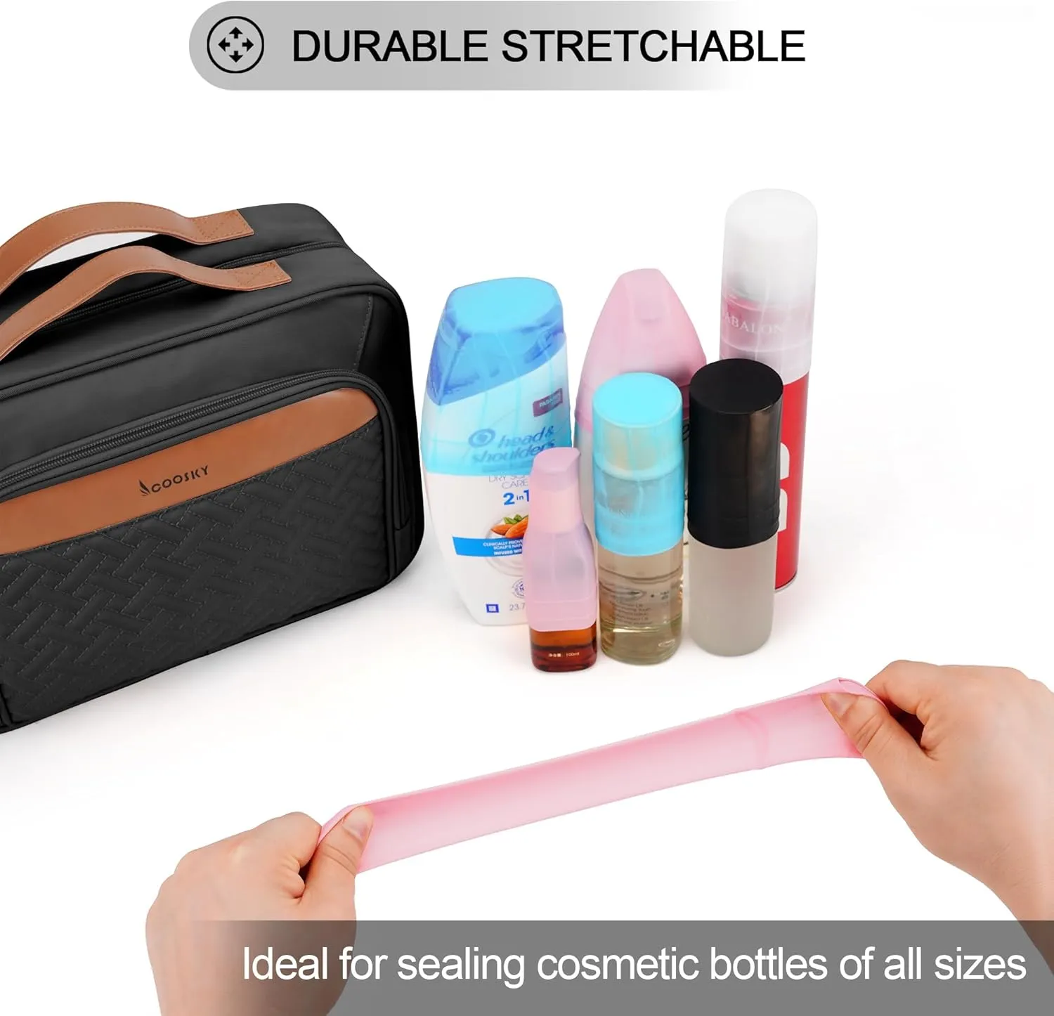 Travel Hanging Toiletry Bag for Women, Large Makeup Bag 8 Leak Proofing Silicone Bottle Covers, Waterproof Cosmetic Bag with Jewelry Organizer Compartment, Toiletries Kit Set, Black