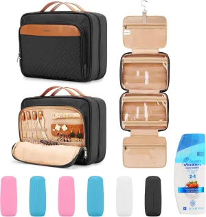 Travel Hanging Toiletry Bag for Women, Large Makeup Bag 8 Leak Proofing Silicone Bottle Covers, Waterproof Cosmetic Bag with Jewelry Organizer Compartment, Toiletries Kit Set, Black