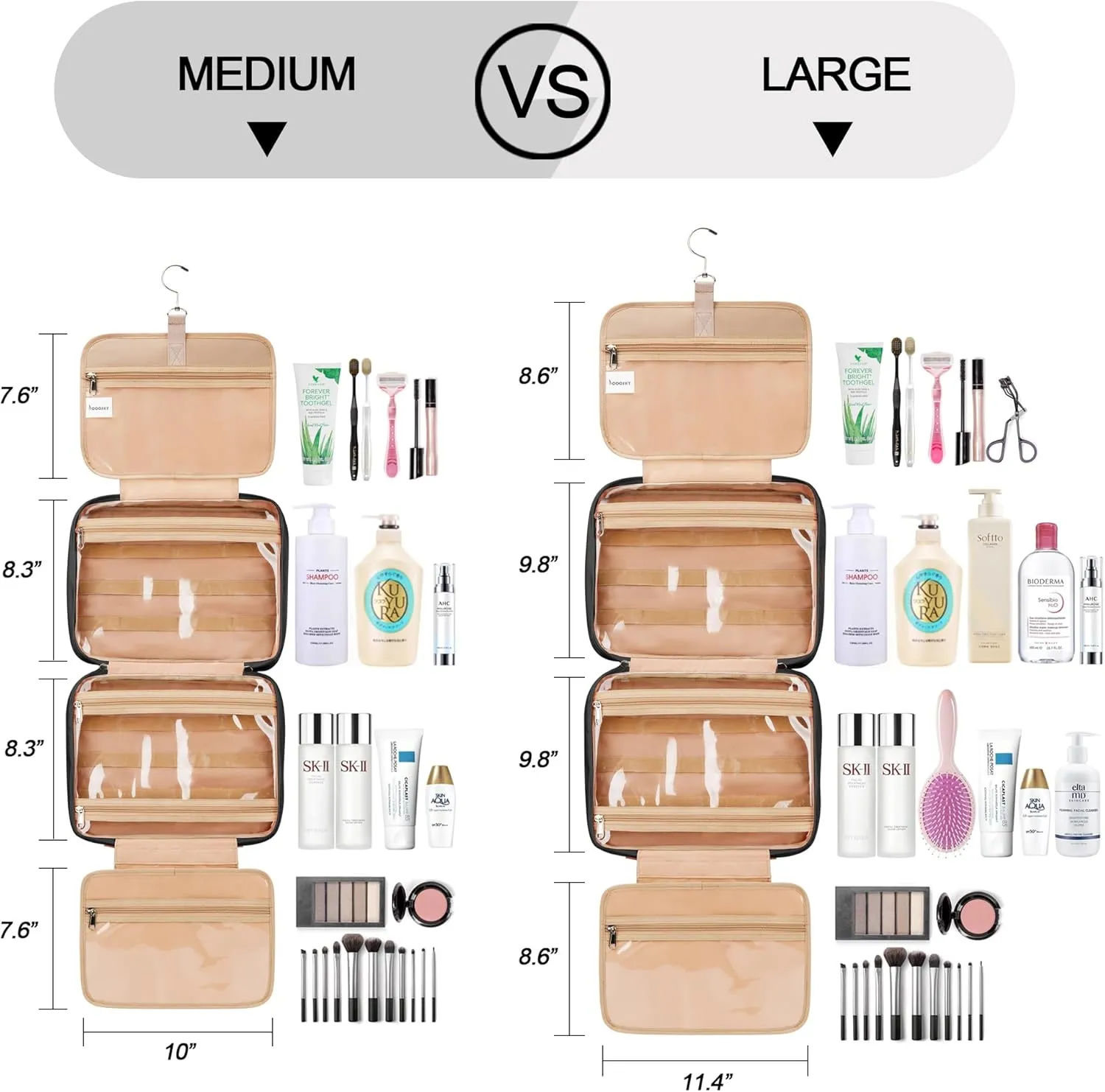 Travel Hanging Toiletry Bag for Women, with Jewelry Organizer Compartment, Medium Waterproof Hanging Makeup Accessories, Cosmetic Essentials, Toiletries Dopp Kit Set with Trolley Belt, Black