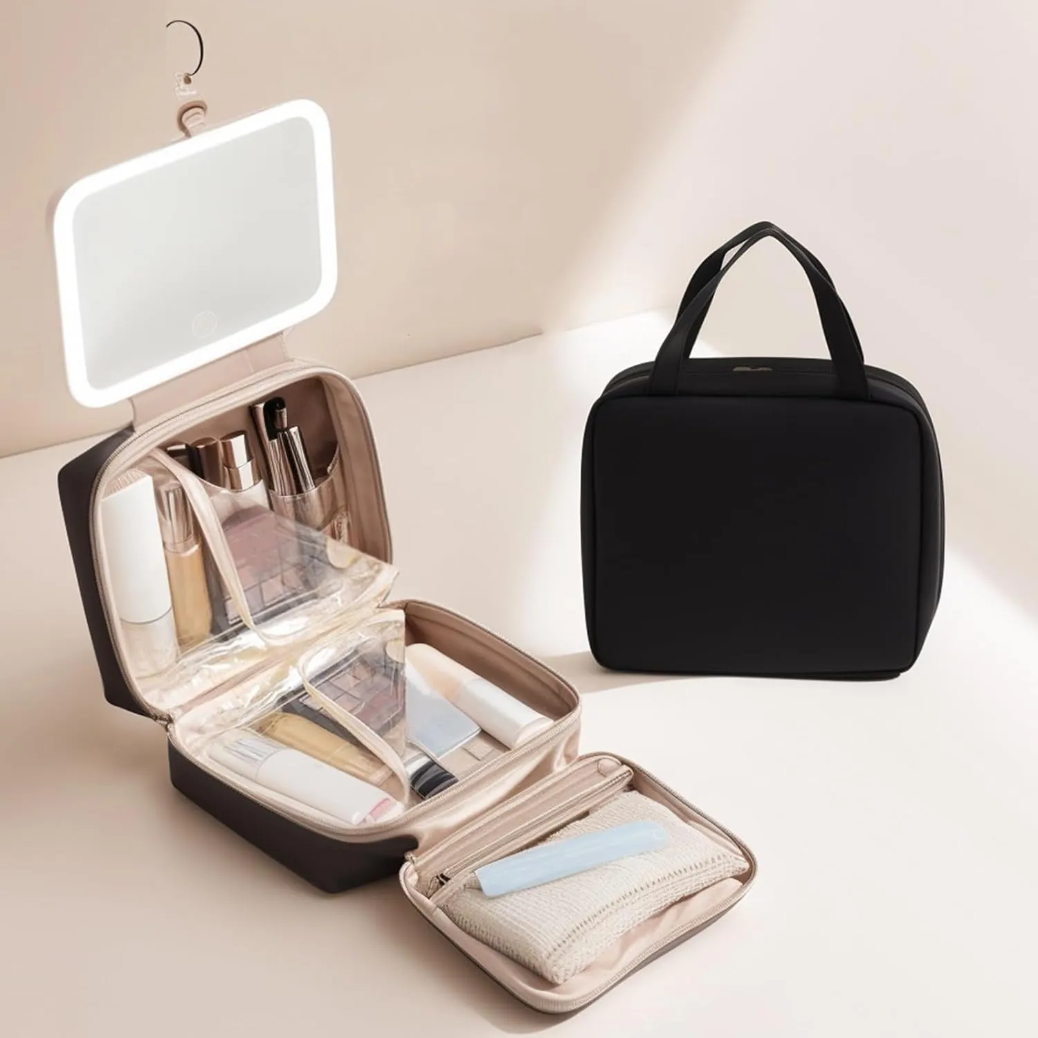 Travel Makeup Bag, Cosmetic Bag with LED Mirror, Adjustable Brightness 3 Lighting Modes, Large Capacity Open Flat Toiletry Bag Make up Organizer with Divider and Handle Black