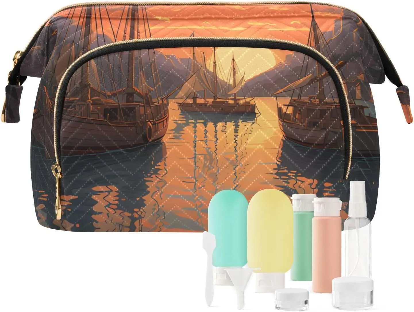 Travel Makeup Bag Harbor Sunset View Large Capacity Cosmetic Bags for Women