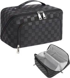 Travel Makeup Bag, Large Capacity Cosmetic Bags for Women, Waterproof Lining and PU Leather Portable Pouch, Open Flat Toiletry Bag, Make up Organizer with Divider & Handle (Black)
